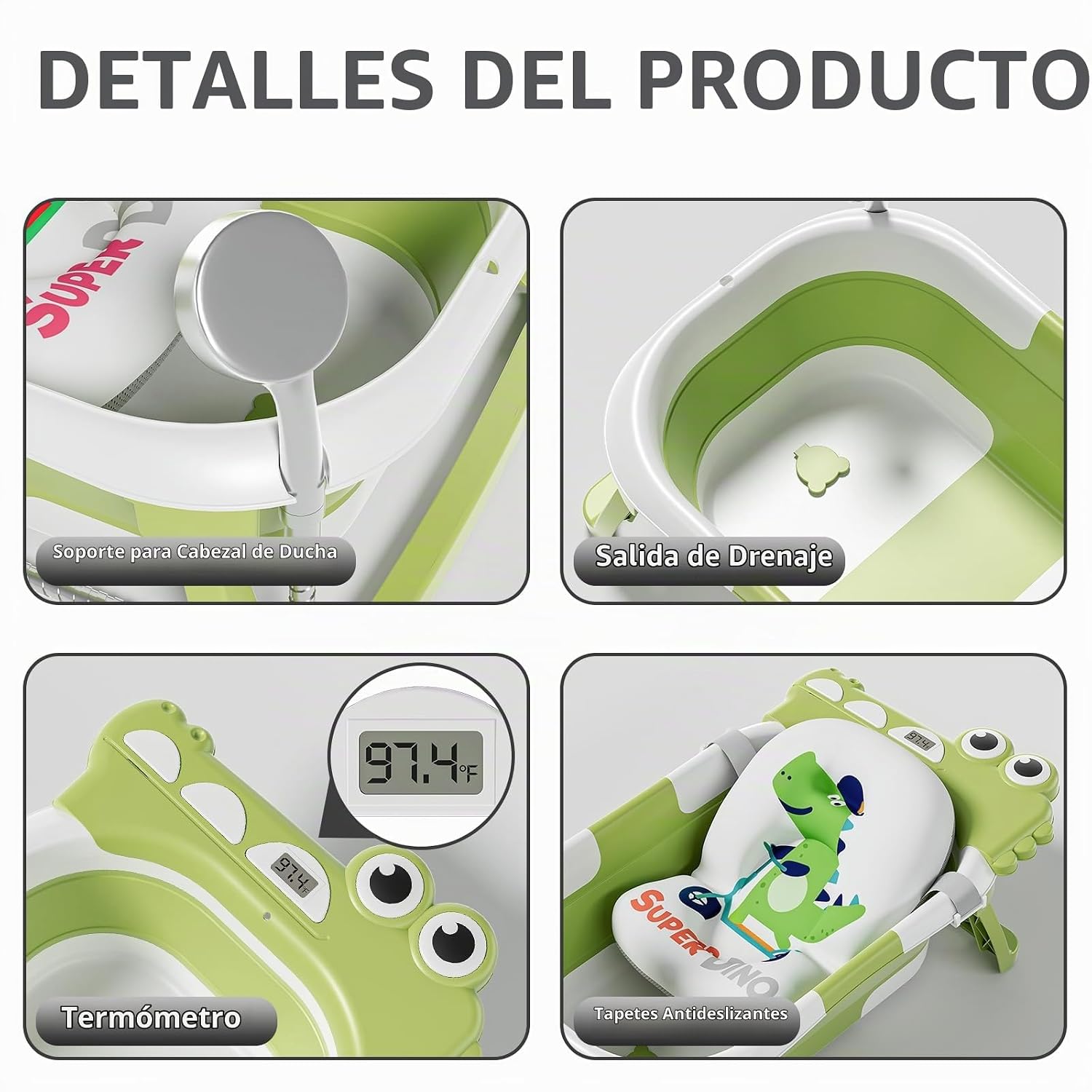 BAÑERA PLEGABLE PARA BEBÉ TAVLSHERO CON TERMÓMETRO Y COJÍN FLOTANTE VERDE - 5