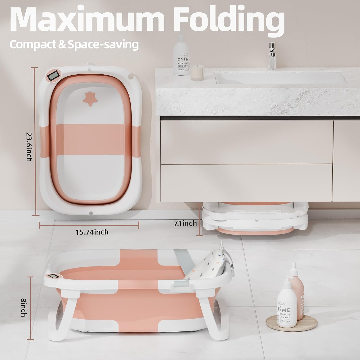BAÑERA PLEGABLE PARA BEBÉ IBABYMAX CON TERMÓMETRO 0-36 MESES ROSA - 3