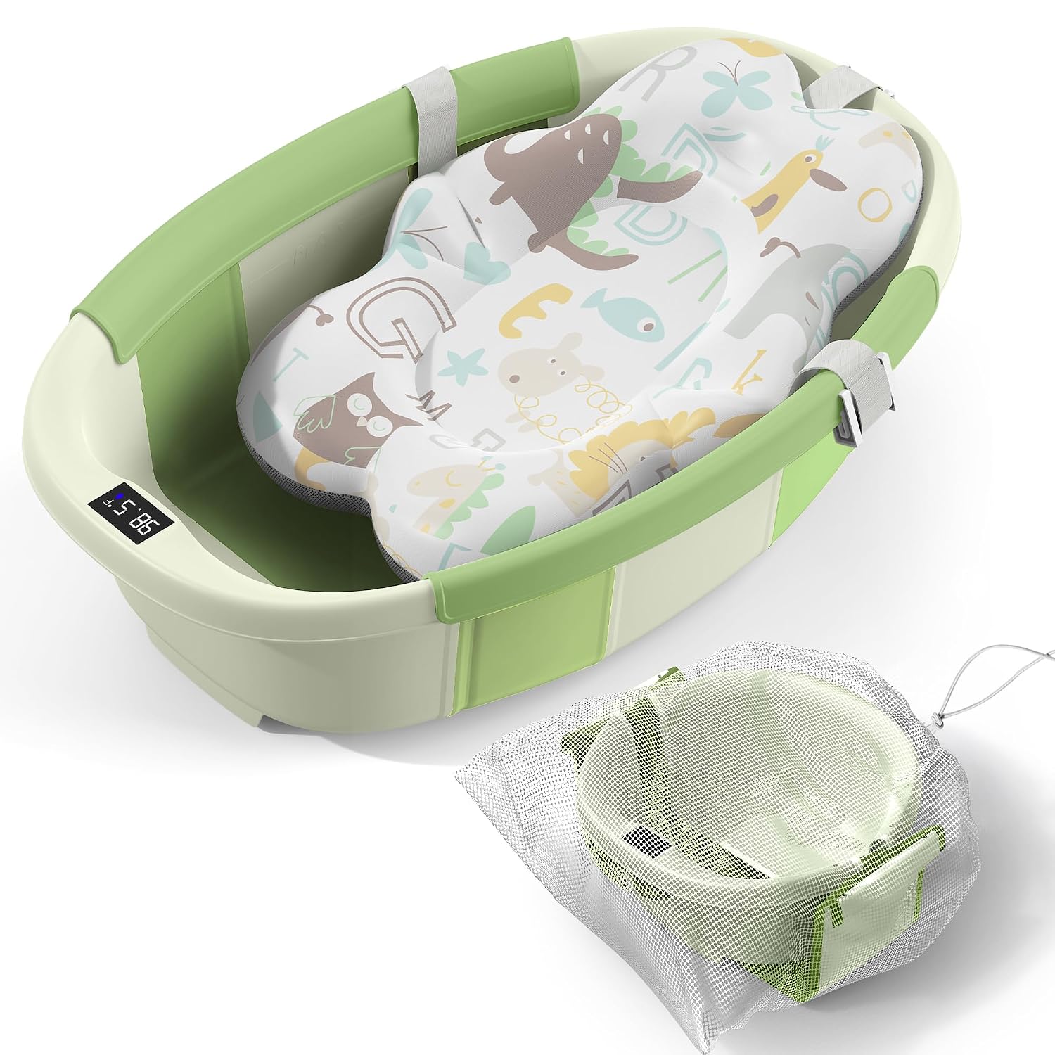 BAÑERA PLEGABLE PARA BEBÉ SPLUVVLY GRANDE CON TERMÓMETRO Y COJÍN VERDE - 1
