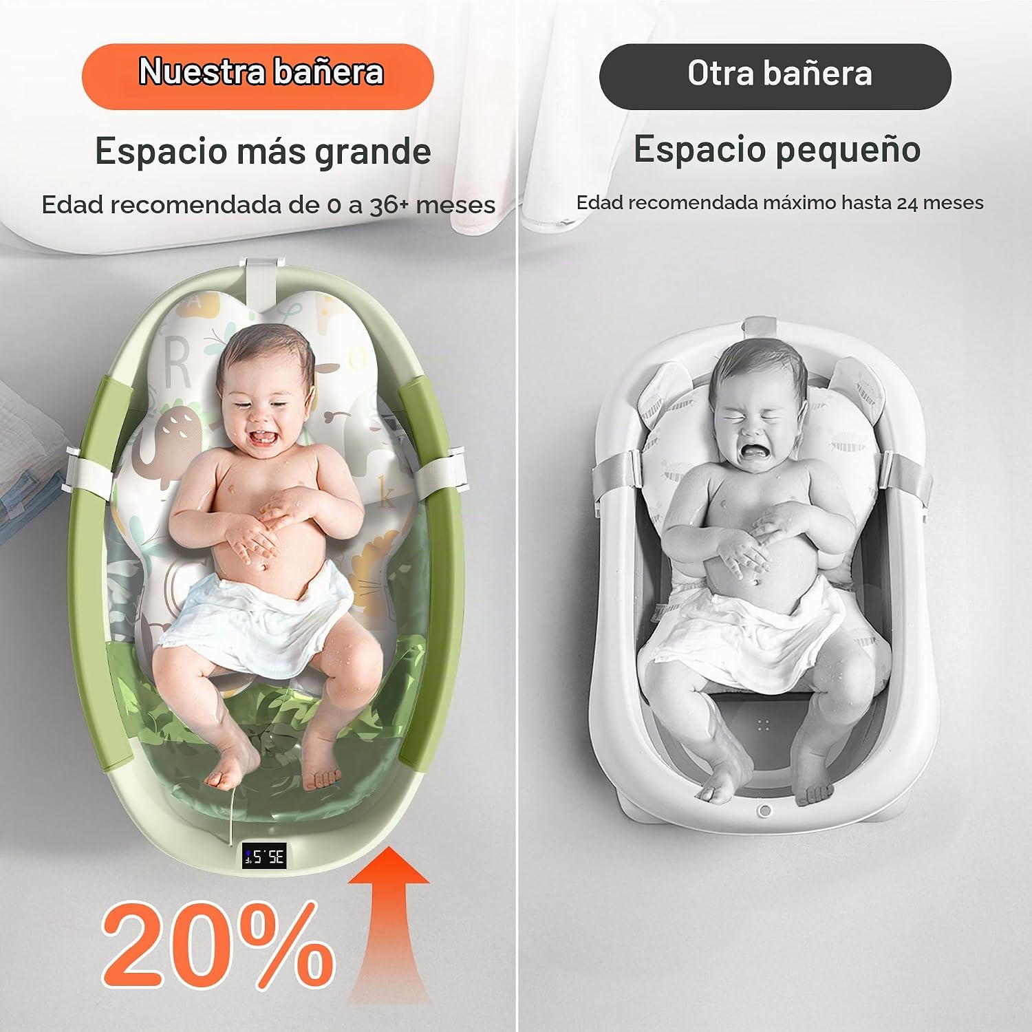 BAÑERA PLEGABLE PARA BEBÉ SPLUVVLY GRANDE CON TERMÓMETRO Y COJÍN VERDE - 2