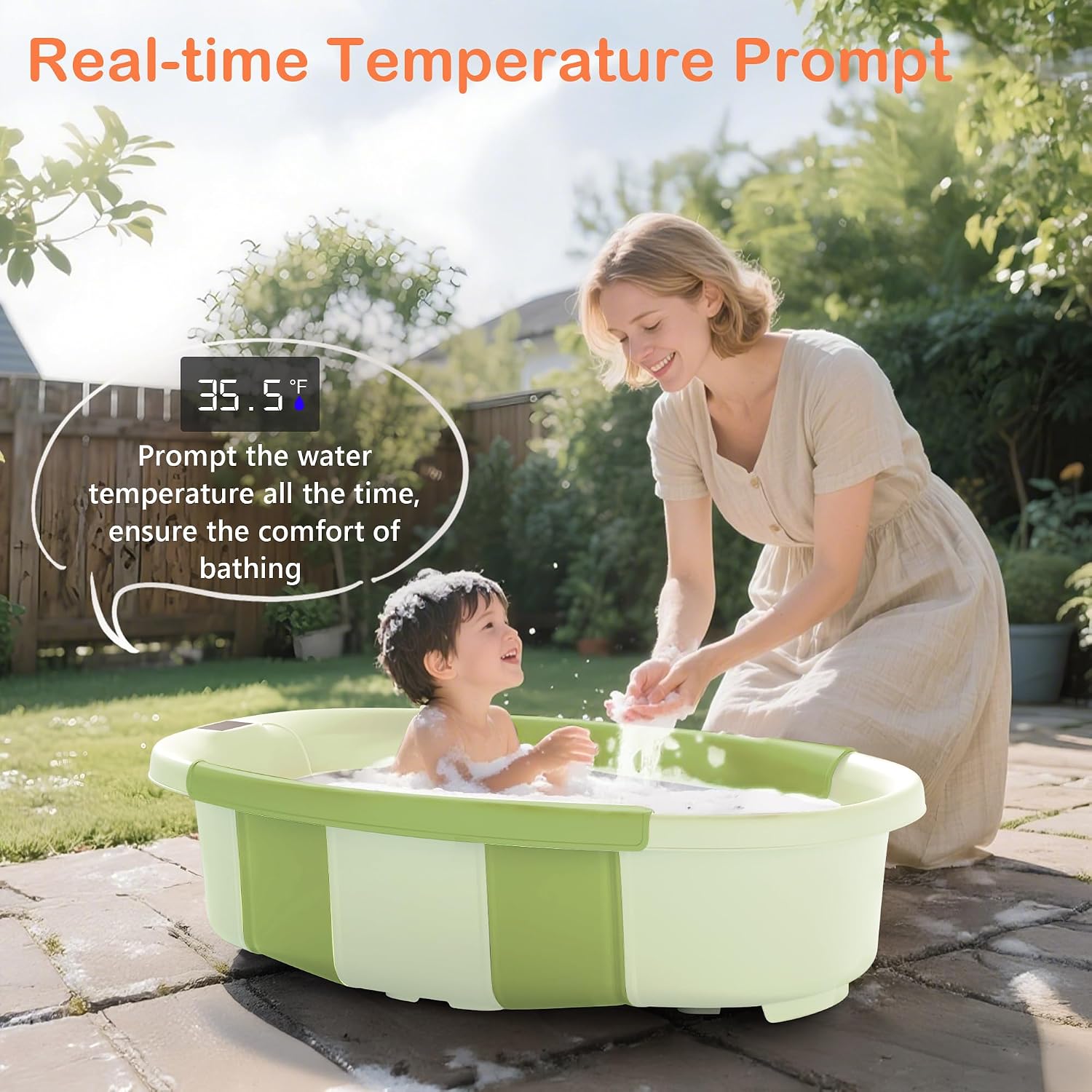 BAÑERA PLEGABLE PARA BEBÉ SPLUVVLY GRANDE CON TERMÓMETRO Y COJÍN VERDE - 3