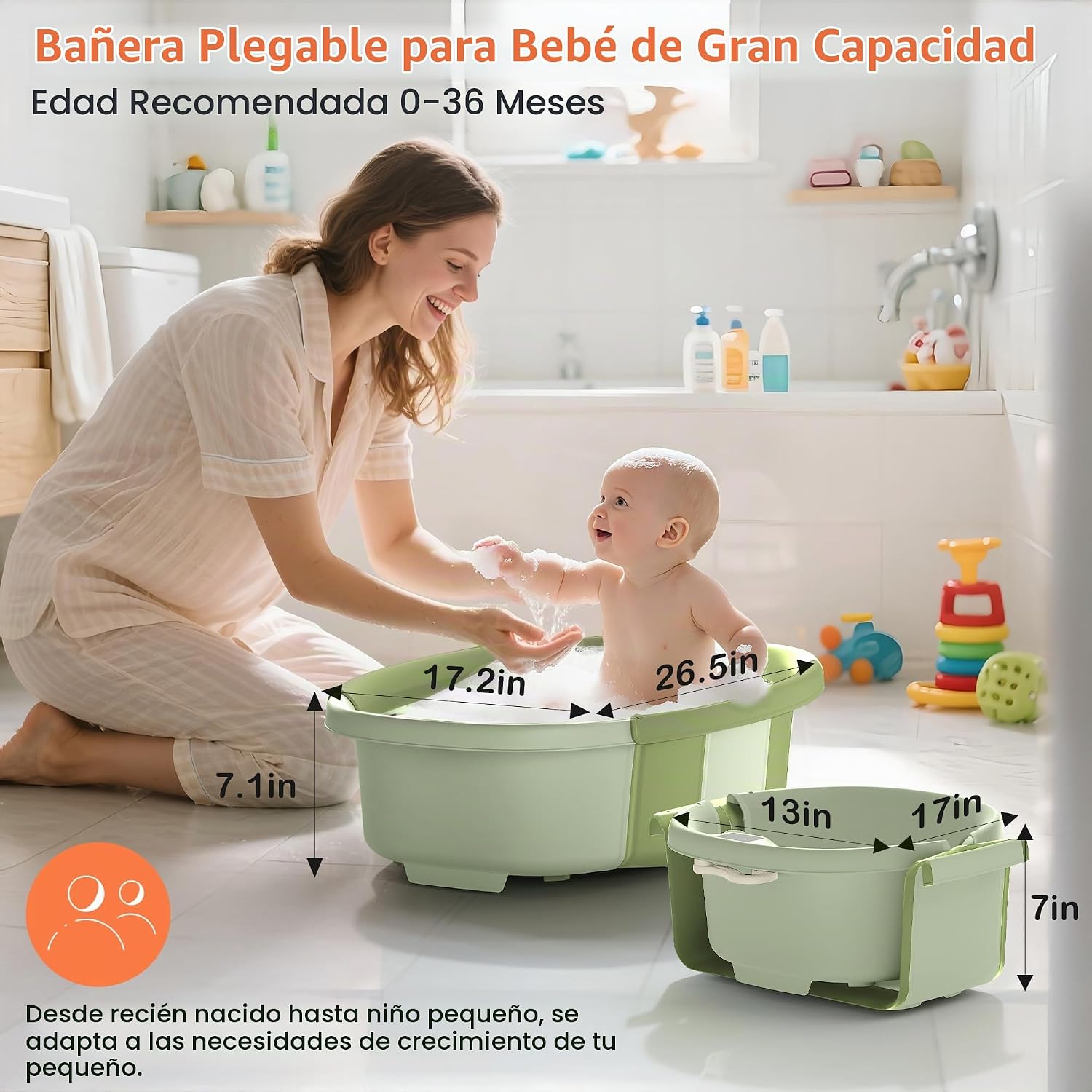 BAÑERA PLEGABLE PARA BEBÉ SPLUVVLY GRANDE CON TERMÓMETRO Y COJÍN VERDE - 5