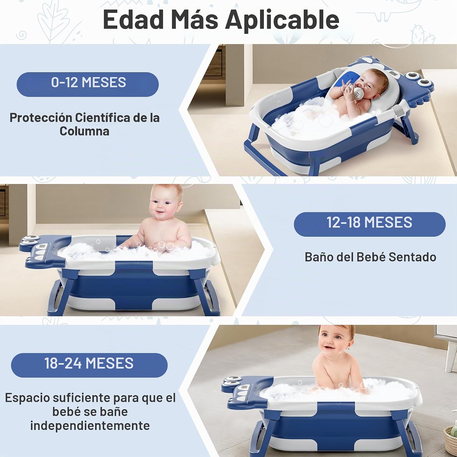 BAÑERA PLEGABLE PARA BEBÉ TAVLSHERO AZUL MARINO CON TERMÓMETRO Y COJÍN FLOTANTE - 2