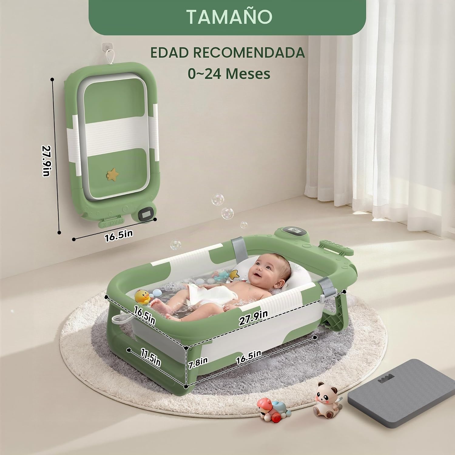 BAÑERA PLEGABLE LAUJIA PARA BEBÉ RECIÉN NACIDO A NIÑO PEQUEÑO 0-24 MESES VERDE ASTRONAUTA - 2