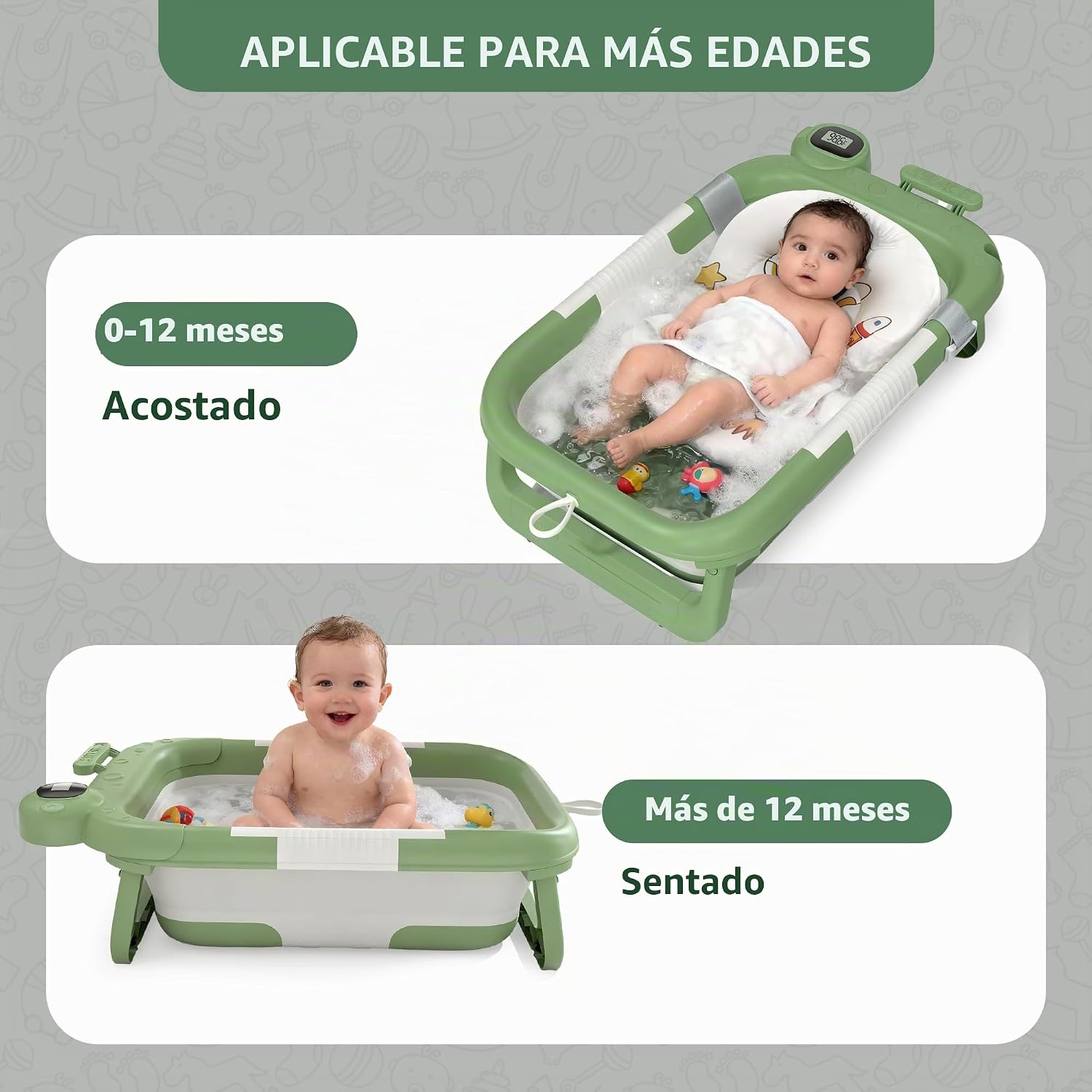 BAÑERA PLEGABLE LAUJIA PARA BEBÉ RECIÉN NACIDO A NIÑO PEQUEÑO 0-24 MESES VERDE ASTRONAUTA - 3