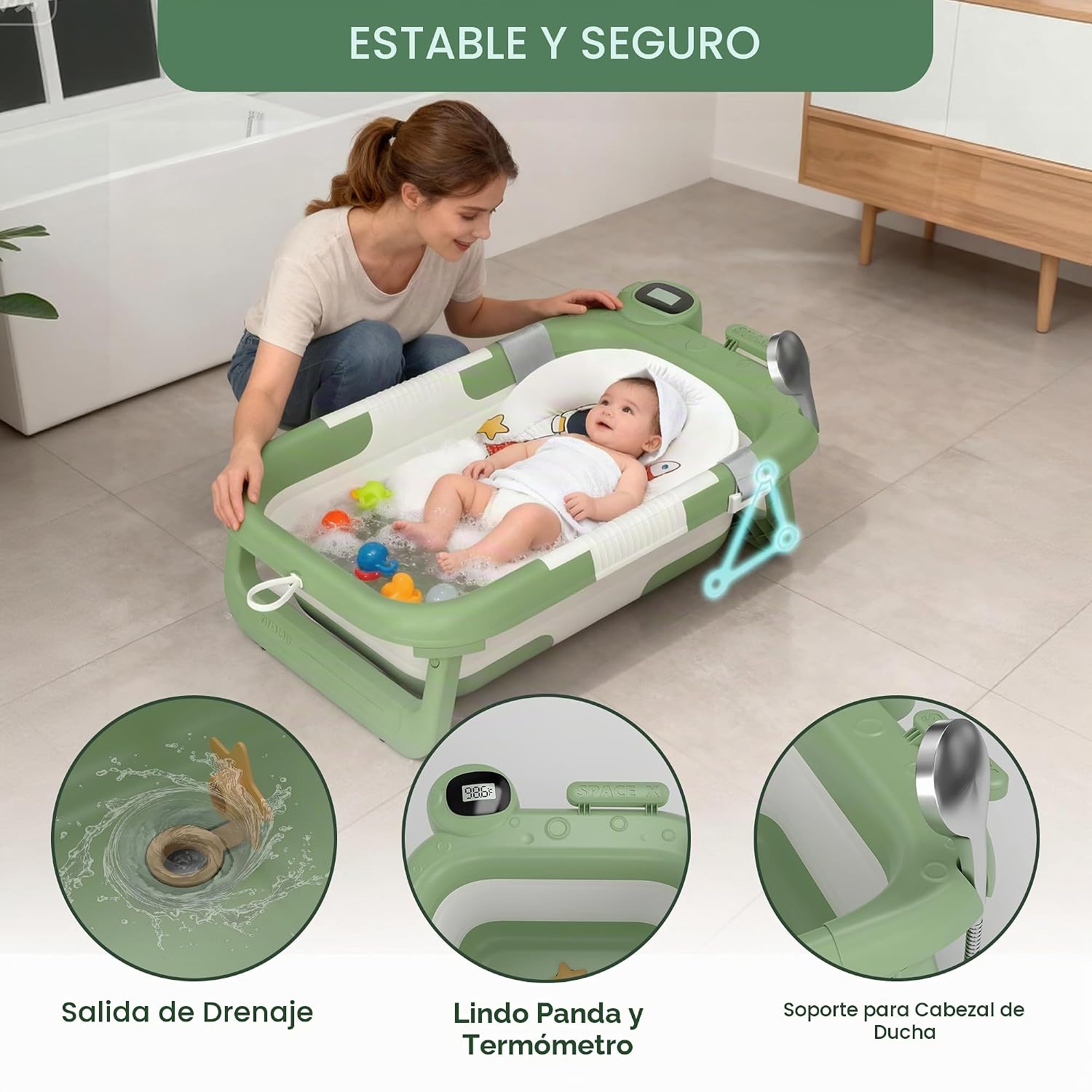 BAÑERA PLEGABLE LAUJIA PARA BEBÉ RECIÉN NACIDO A NIÑO PEQUEÑO 0-24 MESES VERDE ASTRONAUTA - 4