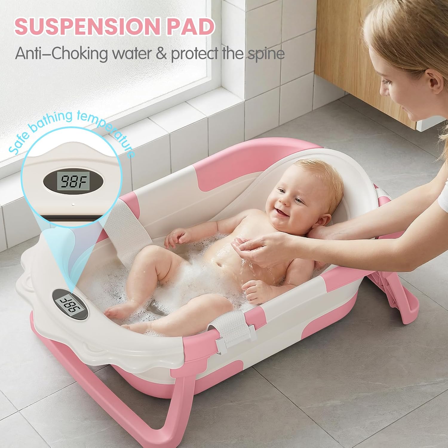 BAÑERA INFANTIL TPN 4-EN-1 PLEGABLE ROSA CON TERMÓMETRO - 2