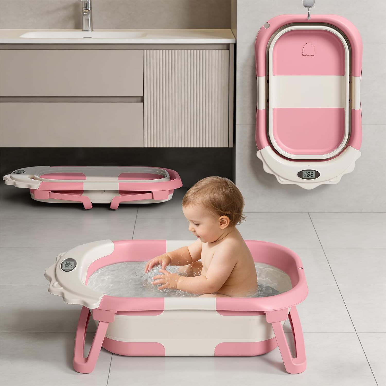 BAÑERA INFANTIL TPN 4-EN-1 PLEGABLE ROSA CON TERMÓMETRO - 3
