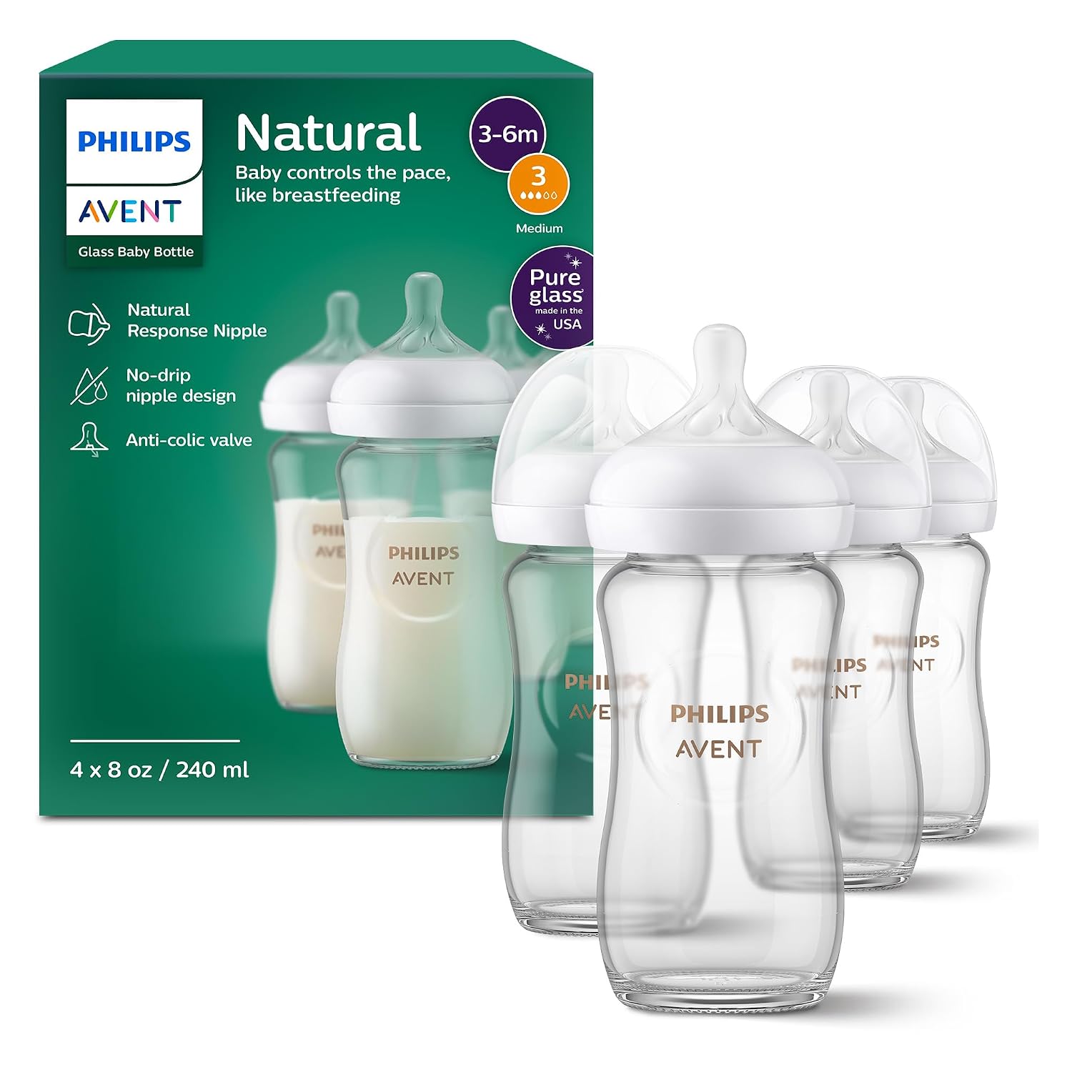 BOTELLA DE VIDRIO PHILIPS AVENT NATURAL 8 OZ FLUJO MEDIO - 1