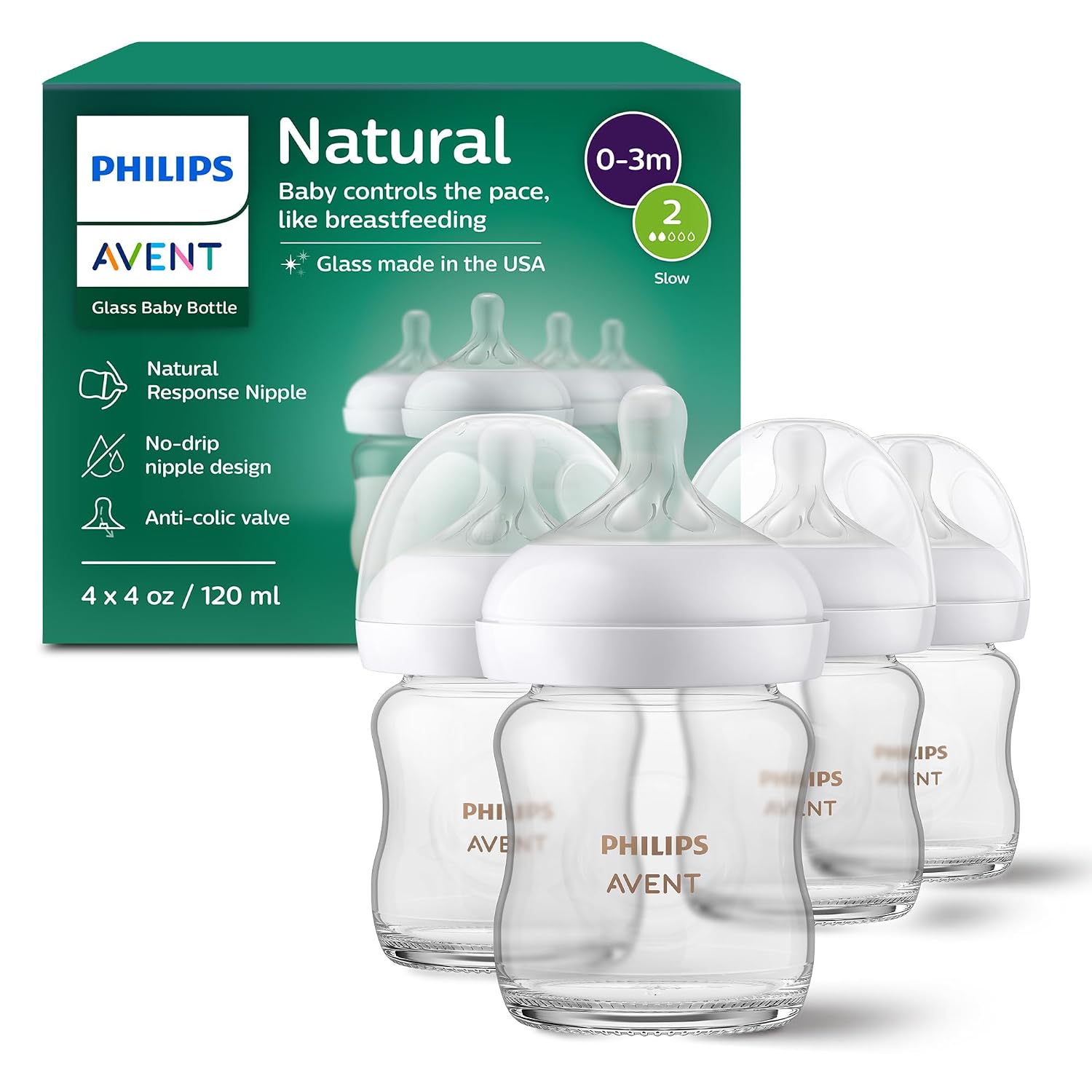 BOTELLAS PHILIPS AVENT NATURAL GLASS 4 OZ FLUJO LENTO PACK 4 - 1