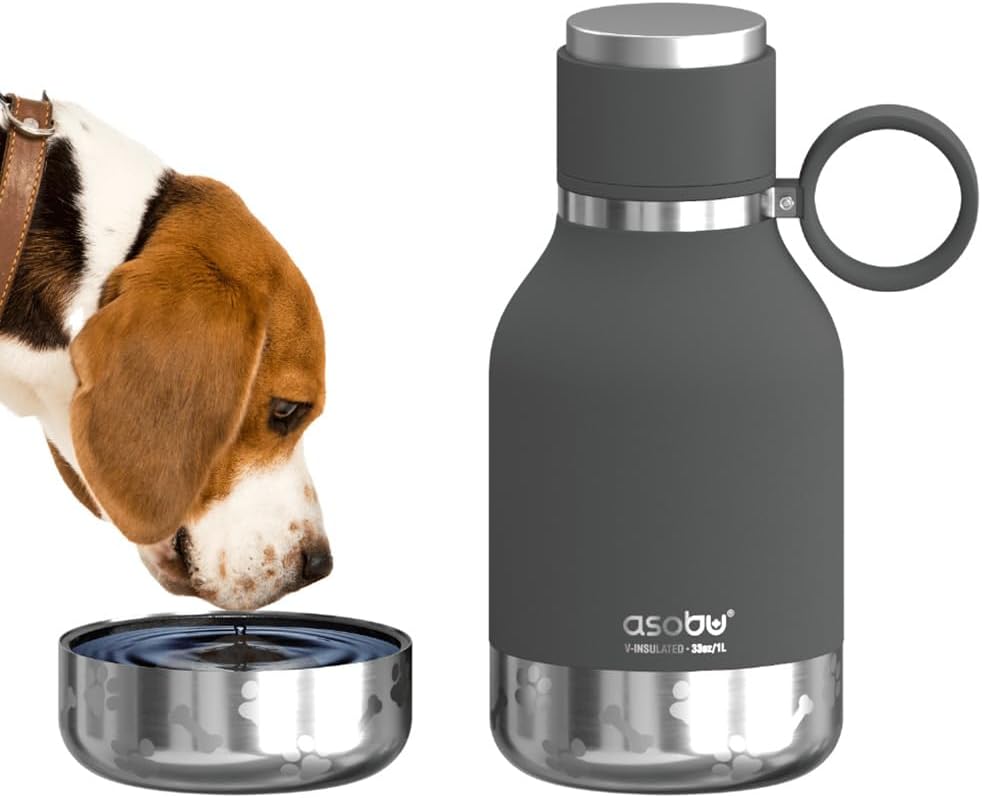 BOTELLA DE AGUA ASOBU CON COMEDERO DESMONTABLE PARA PERROS 1.1 LITROS ACERO INOXIDABLE COLOR HUMO - 1