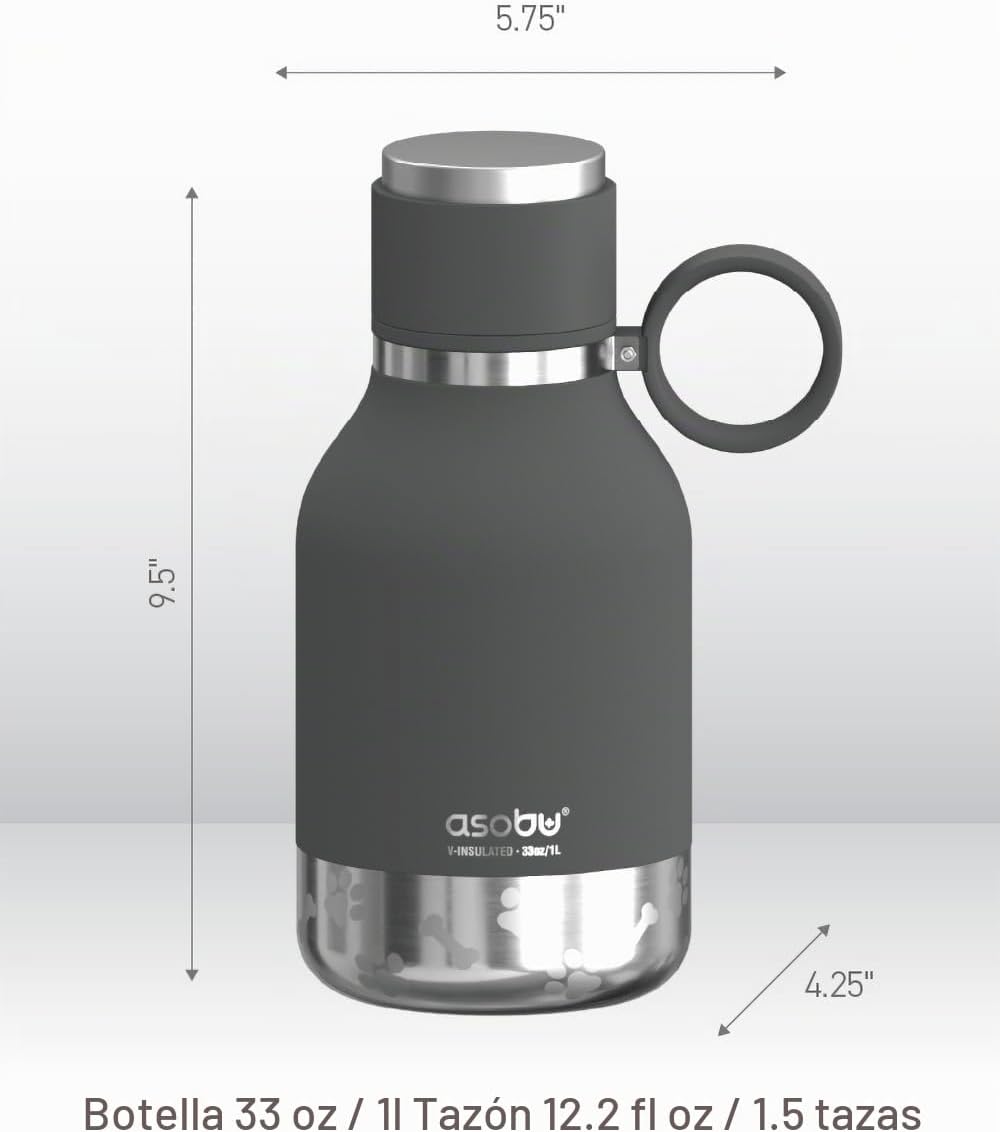 BOTELLA DE AGUA ASOBU CON COMEDERO DESMONTABLE PARA PERROS 1.1 LITROS ACERO INOXIDABLE COLOR HUMO - 3