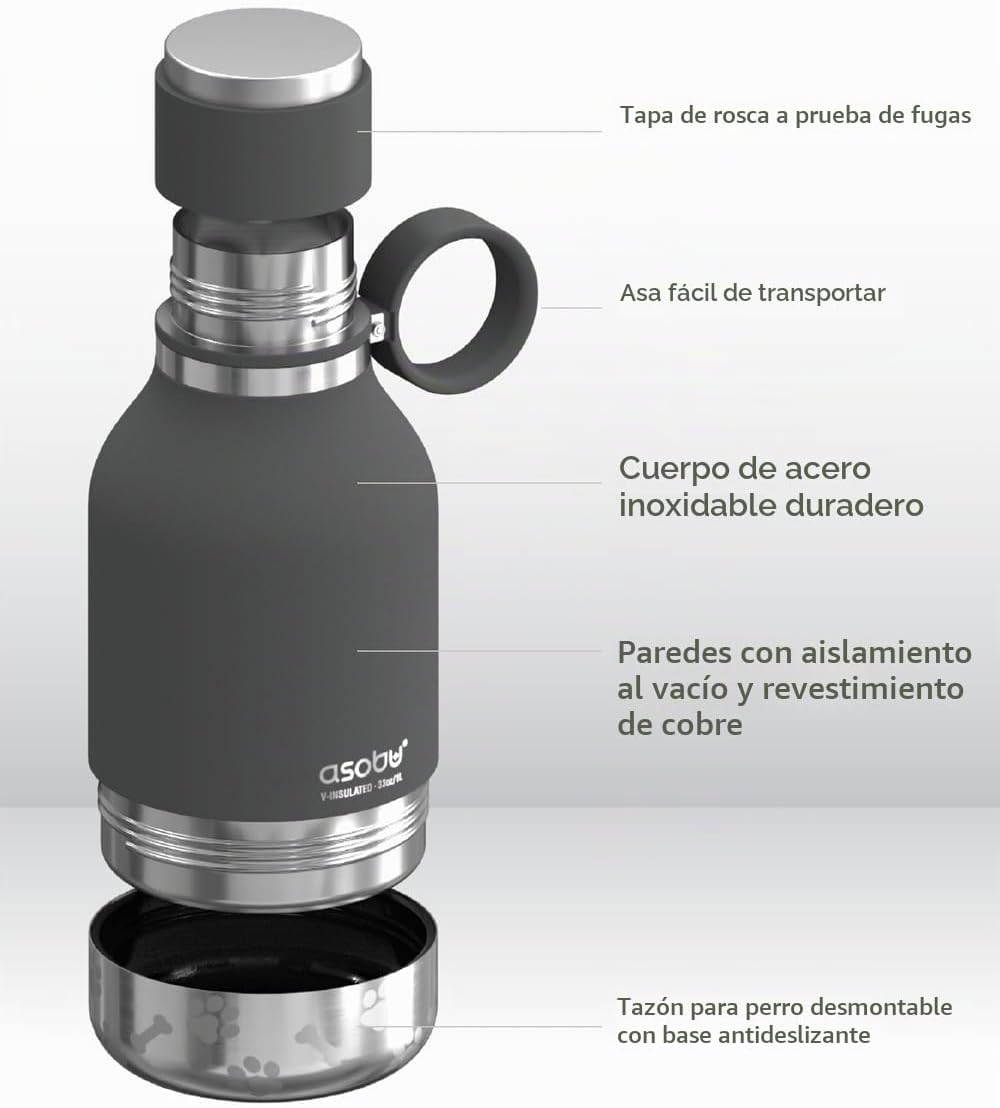 BOTELLA DE AGUA ASOBU CON COMEDERO DESMONTABLE PARA PERROS 1.1 LITROS ACERO INOXIDABLE COLOR HUMO - 4