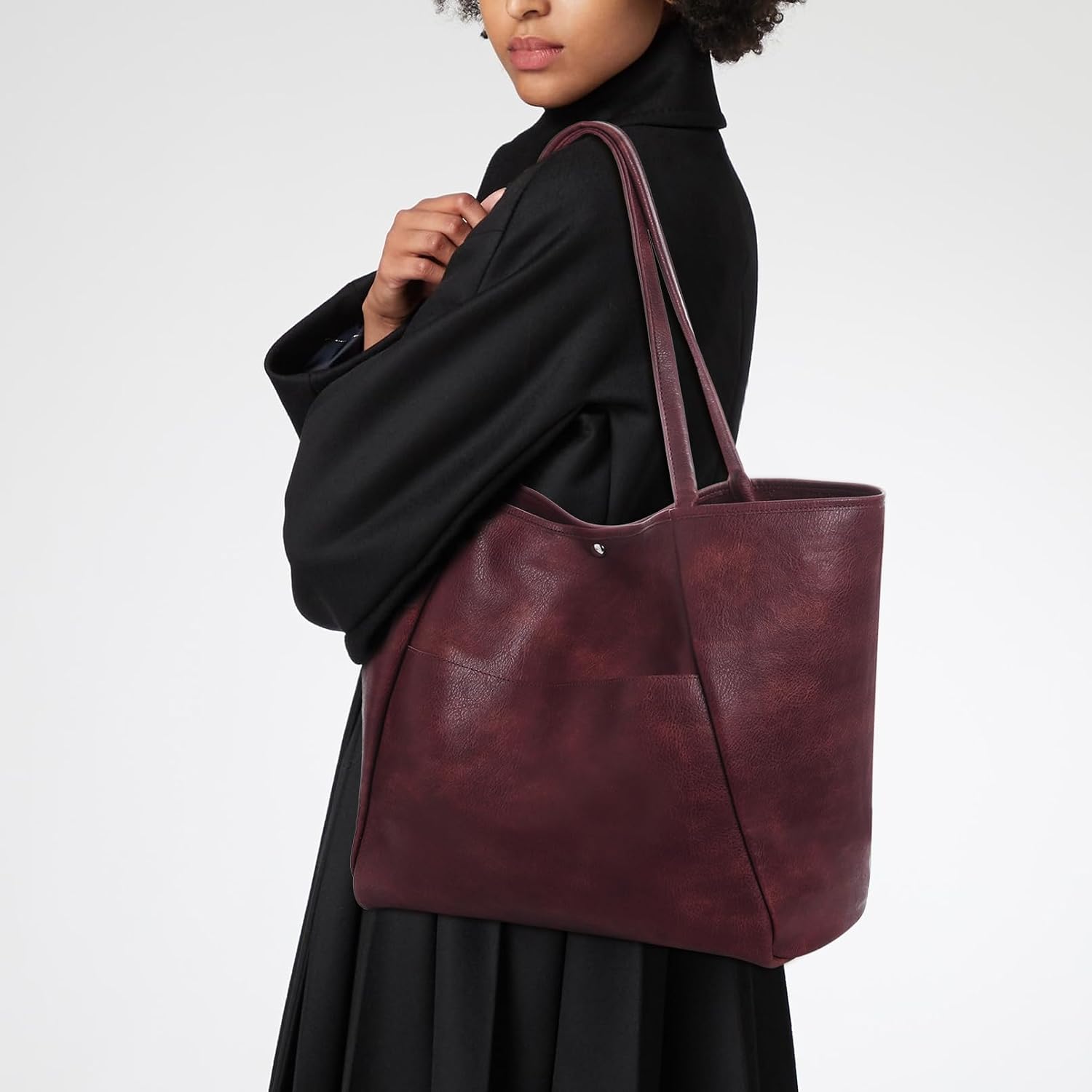 BOLSO TOTE BAG MONRICH CUERO VEGANO NEGRO GRANDE PARA MUJER - 2