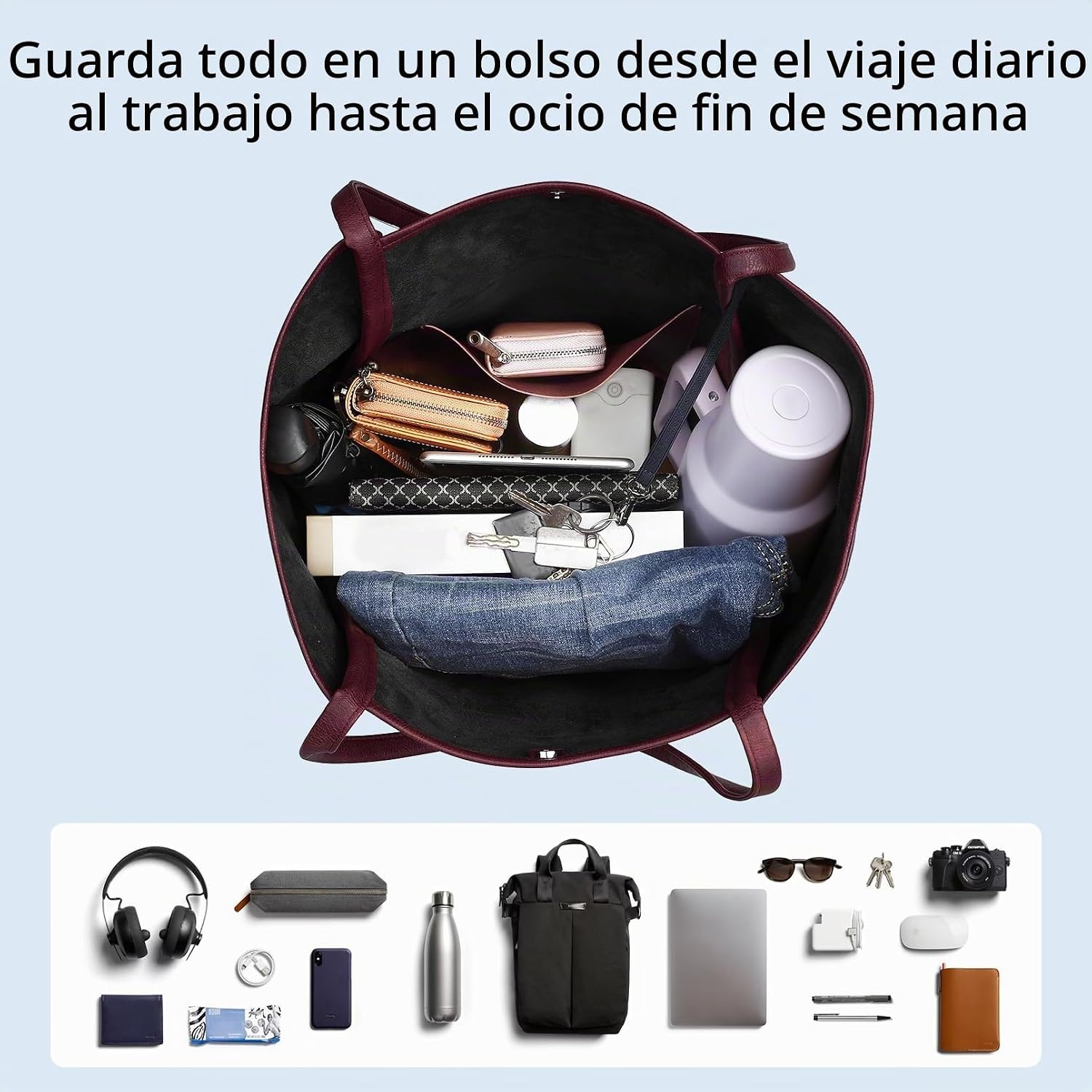 BOLSO TOTE BAG MONRICH CUERO VEGANO NEGRO GRANDE PARA MUJER - 5