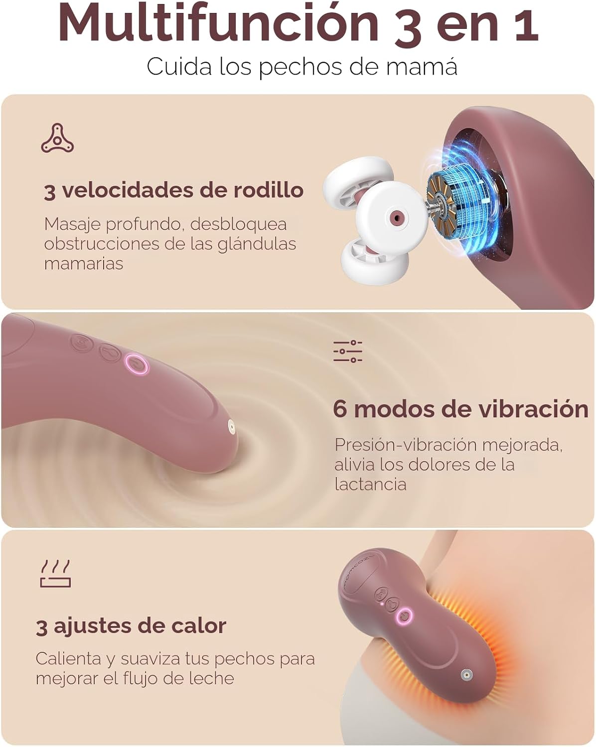 MASAJEADOR DE LACTANCIA MOMCOZY CON CALOR Y RODILLOS, ROJO - 3