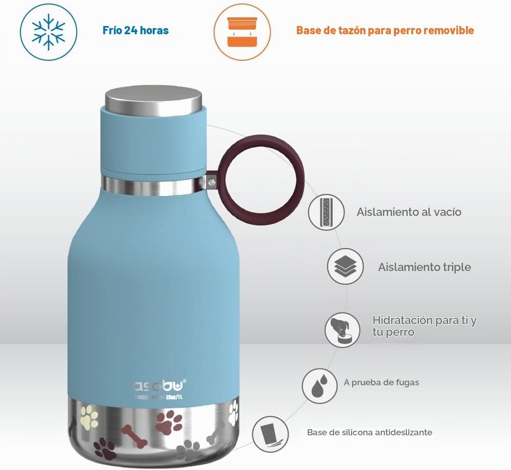 BOTELLA DE AGUA AISLANTE ASOBU CON TAZÓN DESMONTABLE PARA PERRO 1.1 LITROS AZUL - 3