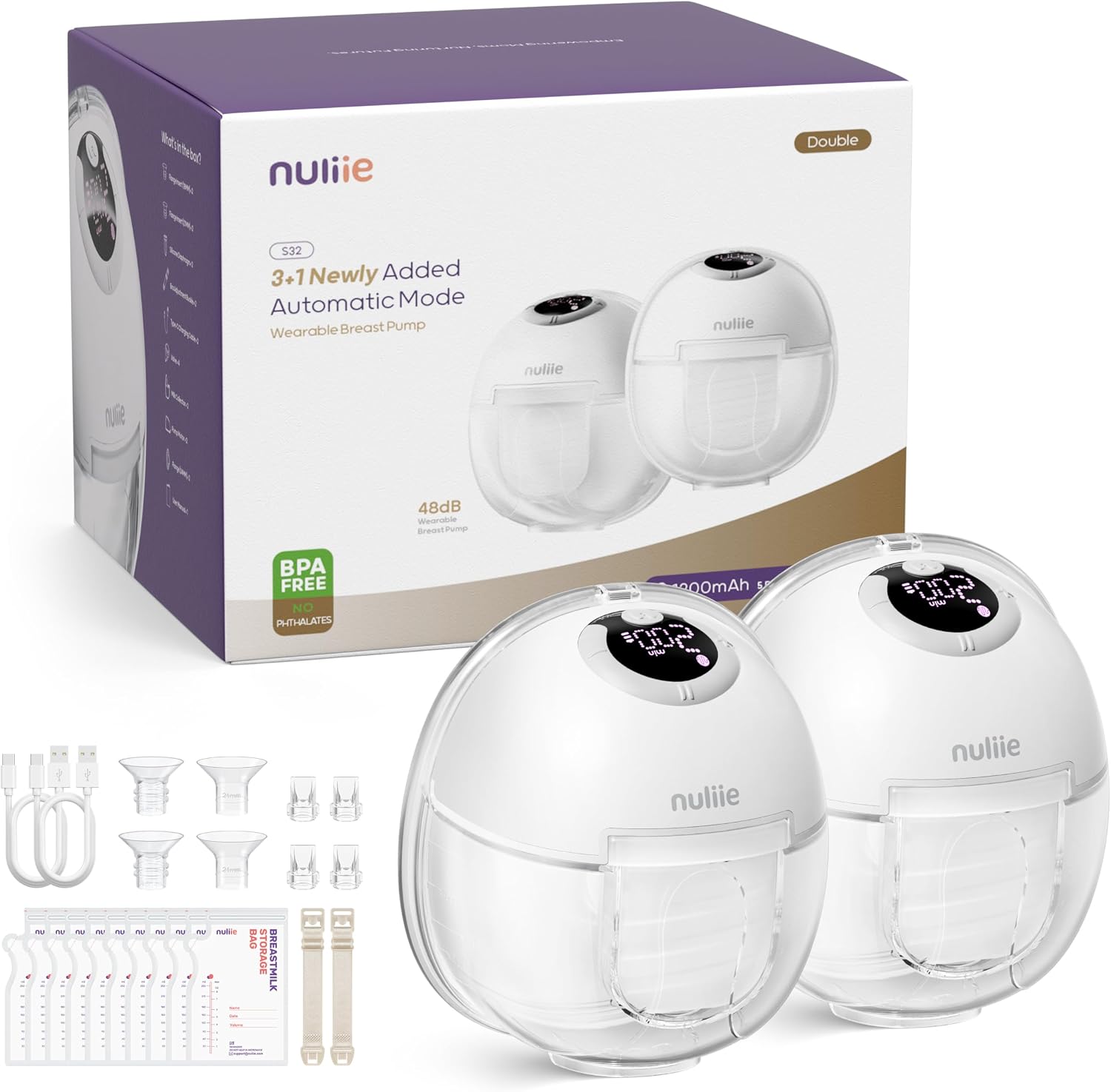 EXTRACTOR DE LECHE NULIIE S32 MANOS LIBRES 2 UNIDADES BLANCO - 1