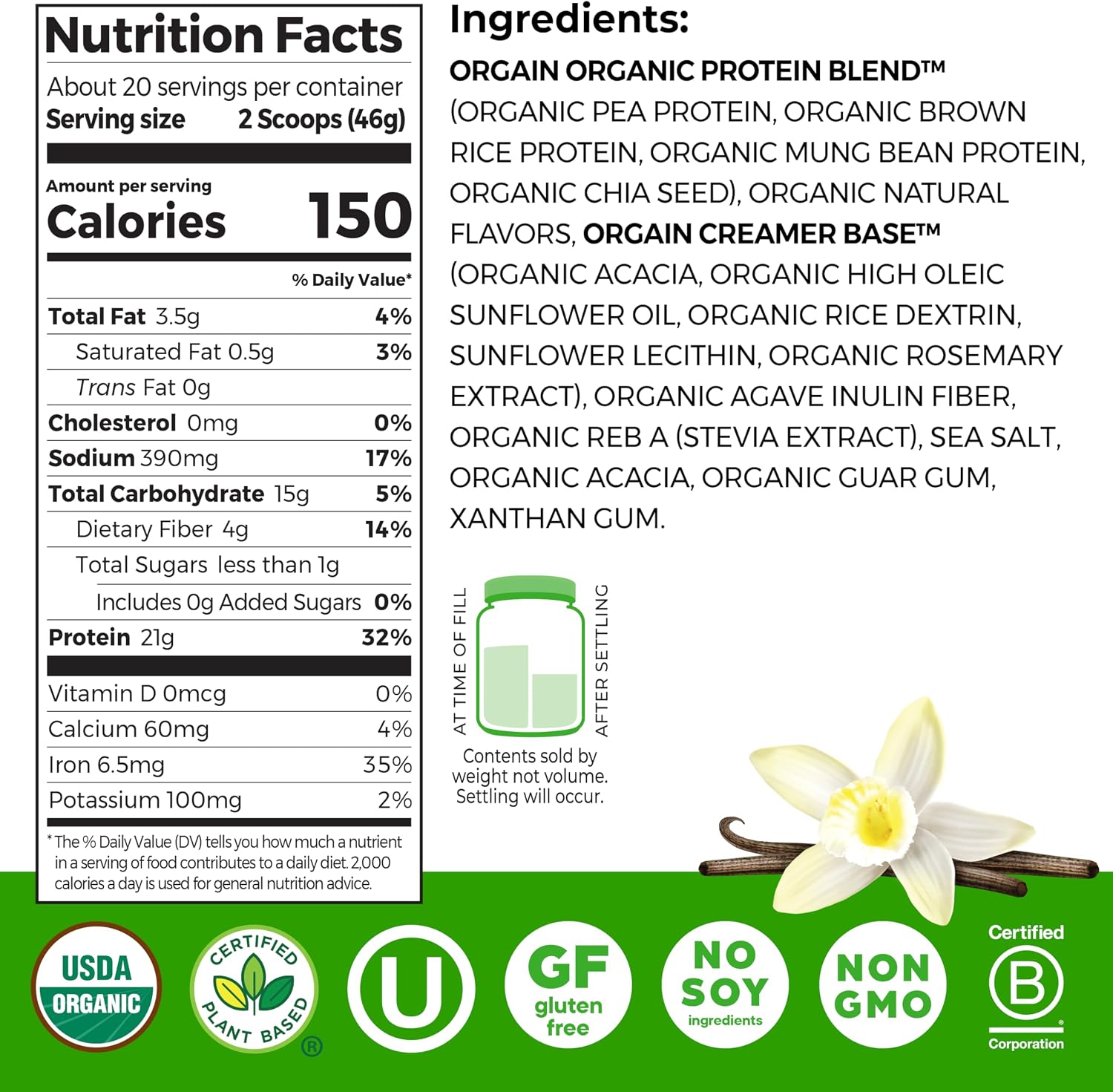 POLVO DE PROTEÍNA ORGÁNICA VEGANA ORGAIN VAINILLA BEAN 21G 2.03 LB - 2