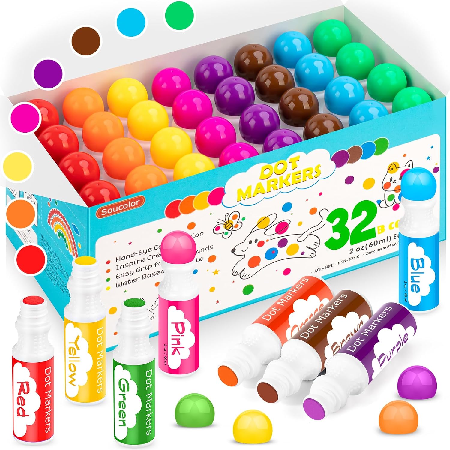 MARCADORES DE PUNTOS SOUCOLOR 32 PIEZAS 8 COLORES LAVABLES PARA NIÑOS - 1