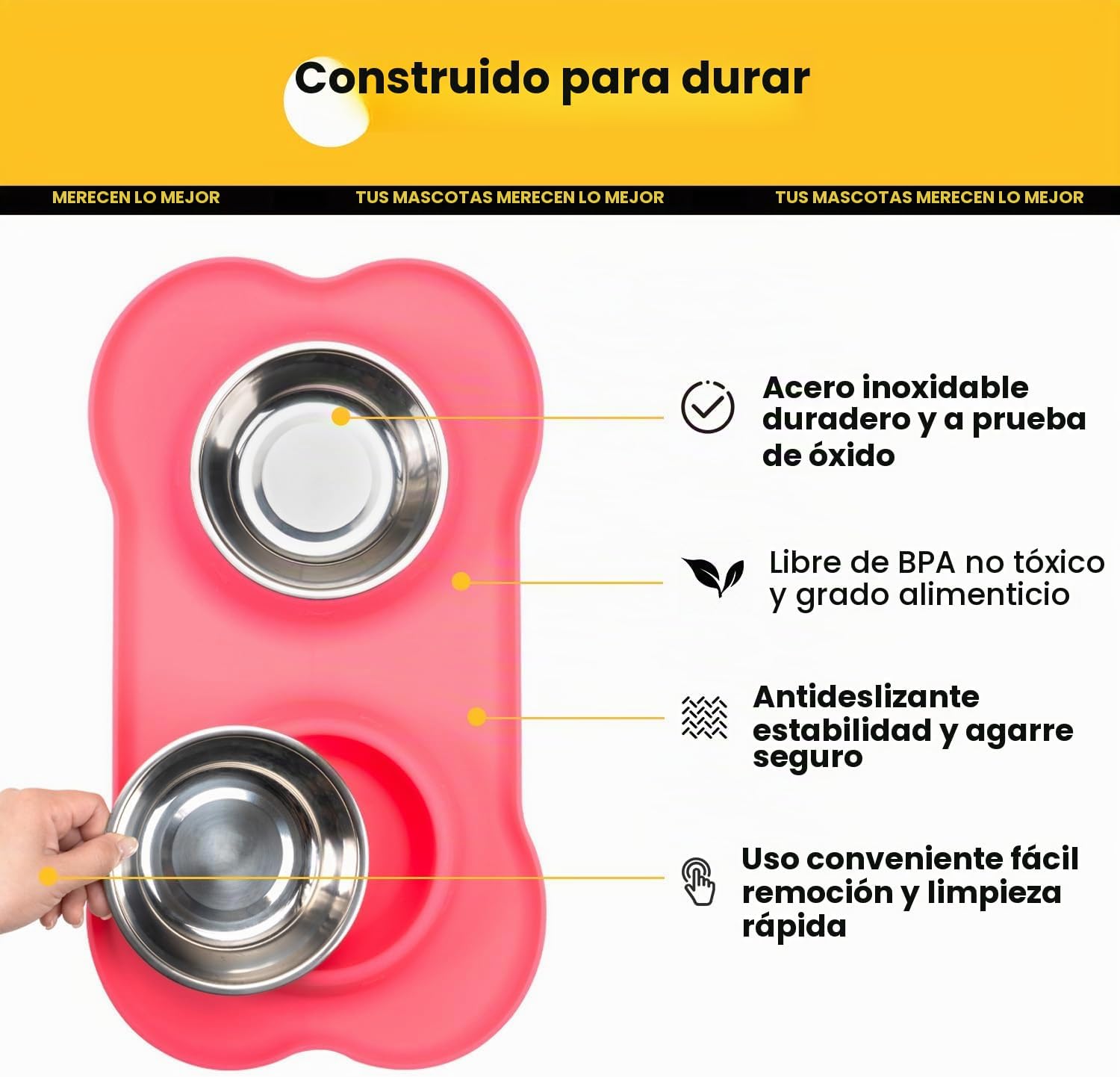 COMEDERO PARA PERROS CONLUN CON TAPETE DE SILICONA ANTIDERRAMES TAMAÑO S ROSA - 3