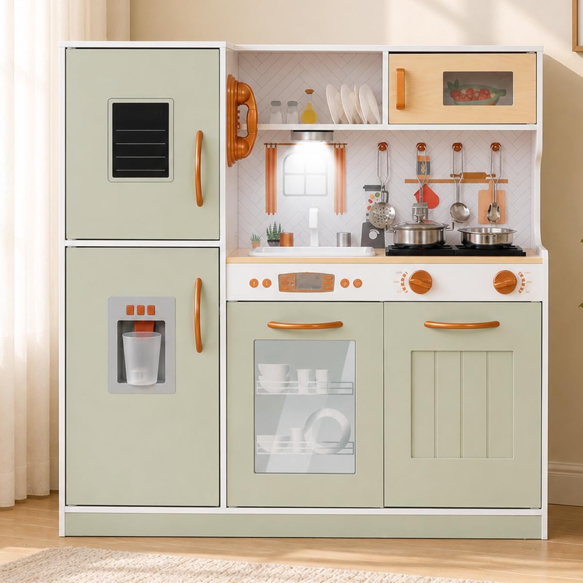 COCINA DE JUGUETE DE MADERA CON LUZ, HORNO, MICROONDAS Y ACCESORIOS, COLOR VERDE - 1