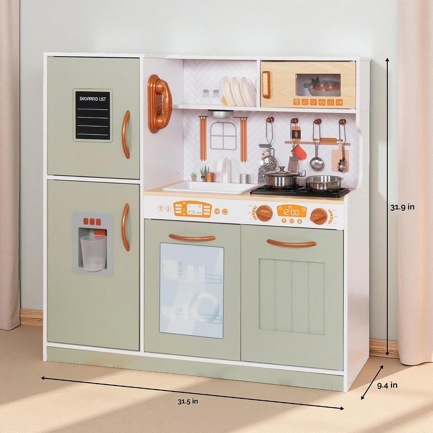 COCINA DE JUGUETE DE MADERA CON LUZ, HORNO, MICROONDAS Y ACCESORIOS, COLOR VERDE - 2