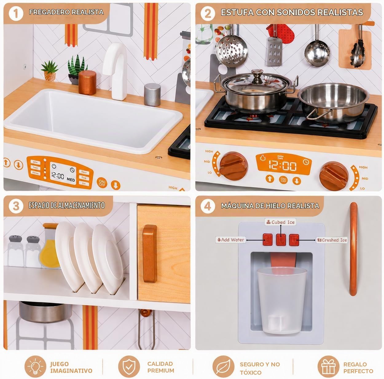 COCINA DE JUGUETE DE MADERA CON LUZ, HORNO, MICROONDAS Y ACCESORIOS, COLOR VERDE - 3