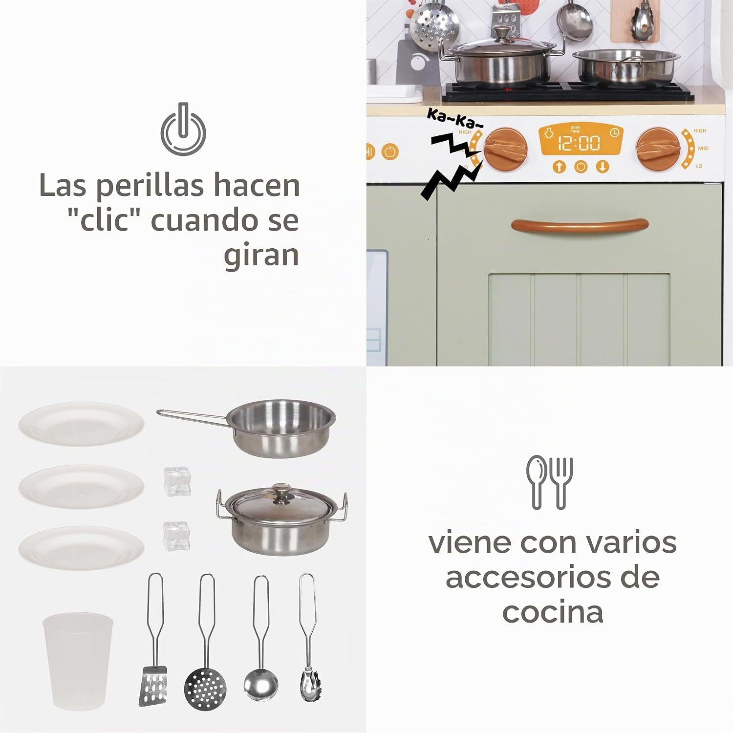 COCINA DE JUGUETE DE MADERA CON LUZ, HORNO, MICROONDAS Y ACCESORIOS, COLOR VERDE - 5