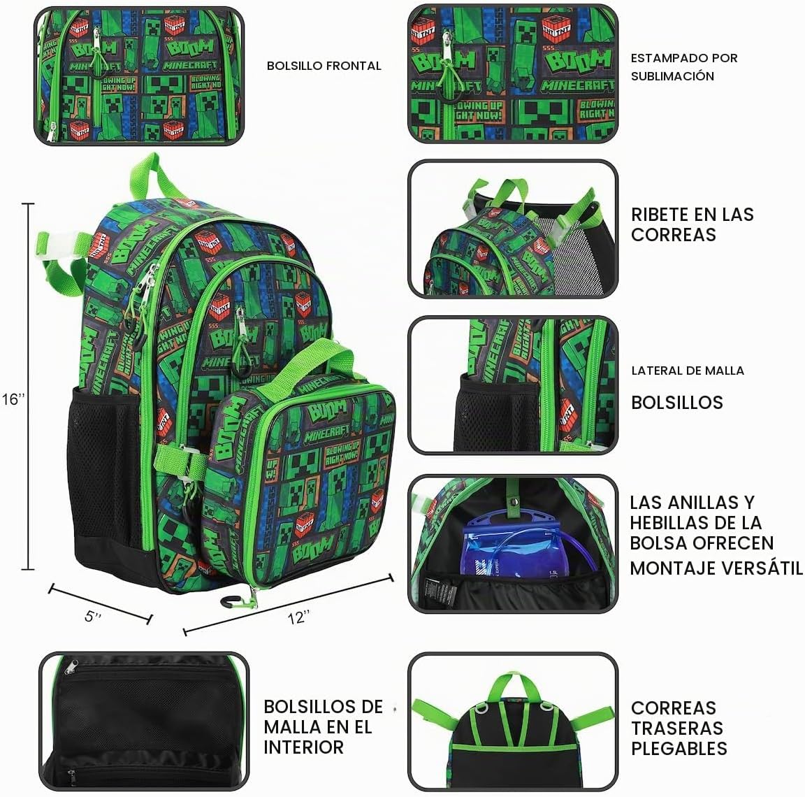 MOCHILA BIOWORLD MINECRAFT INFANTIL VERDE CONJUNTO 5 PIEZAS - 4