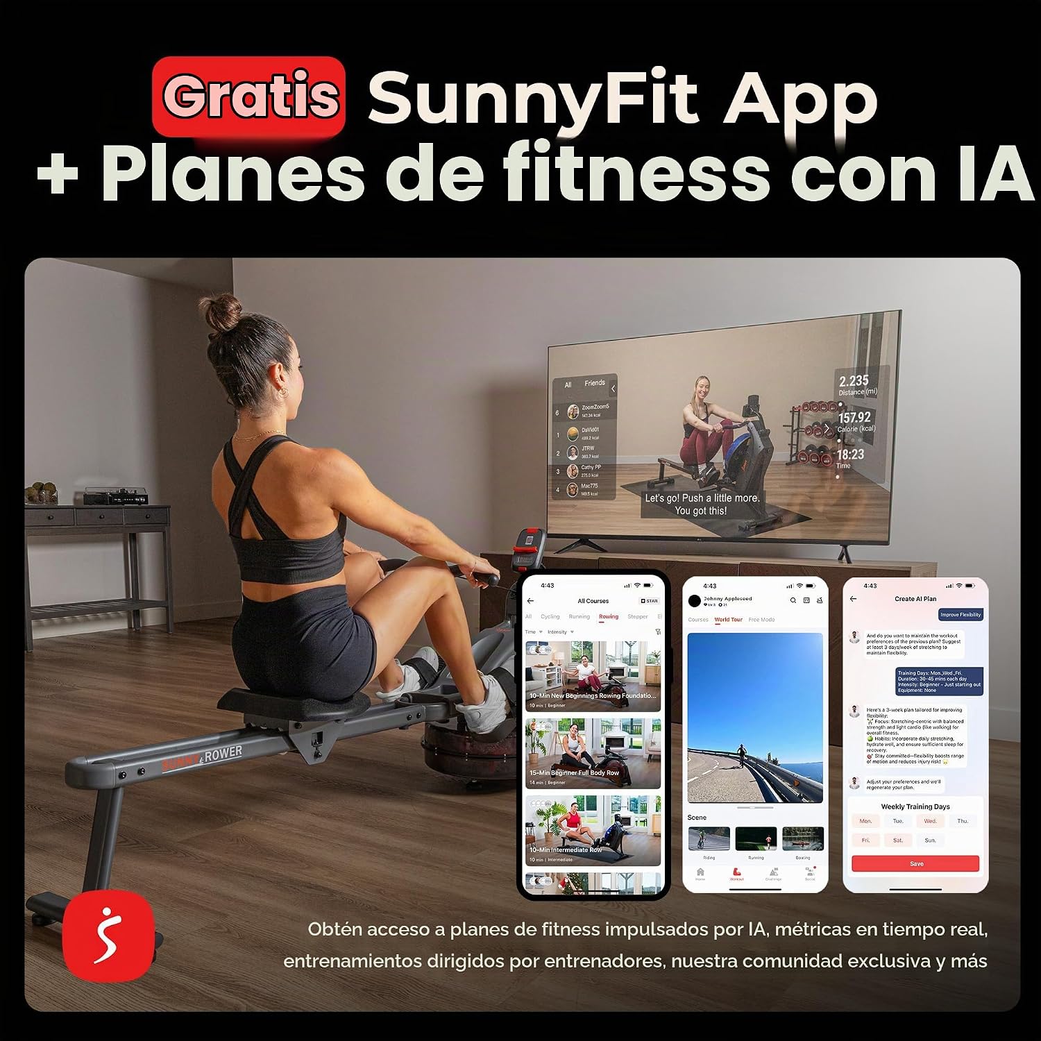 MÁQUINA DE REMO SUNNY HEALTH Y FITNESS PREMIUM WATER ROWER CON RESISTENCIA DINÁMICA Y ALMACENAMIENTO VERTICAL - 3
