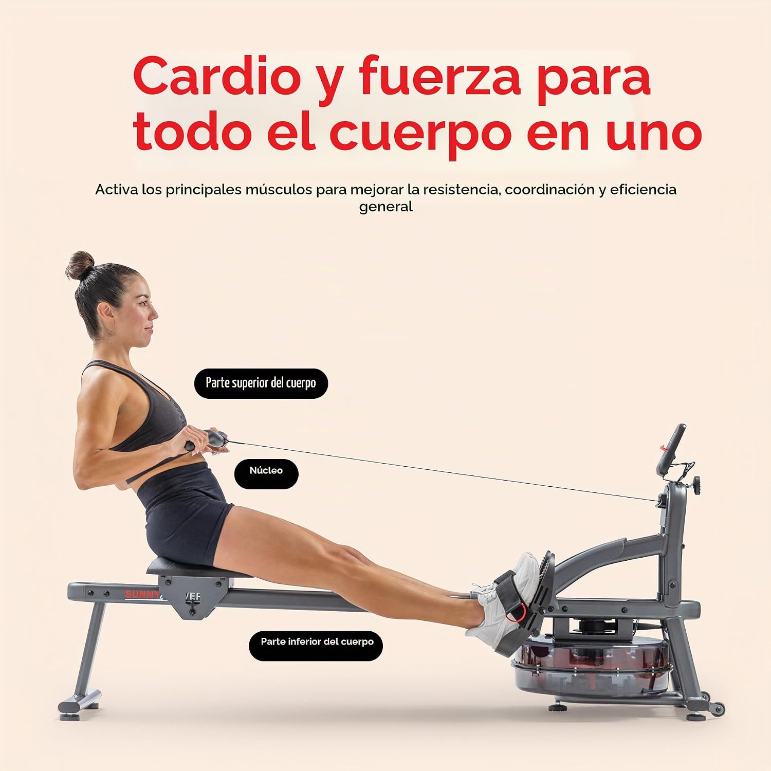 MÁQUINA DE REMO SUNNY HEALTH Y FITNESS PREMIUM WATER ROWER CON RESISTENCIA DINÁMICA Y ALMACENAMIENTO VERTICAL - 4