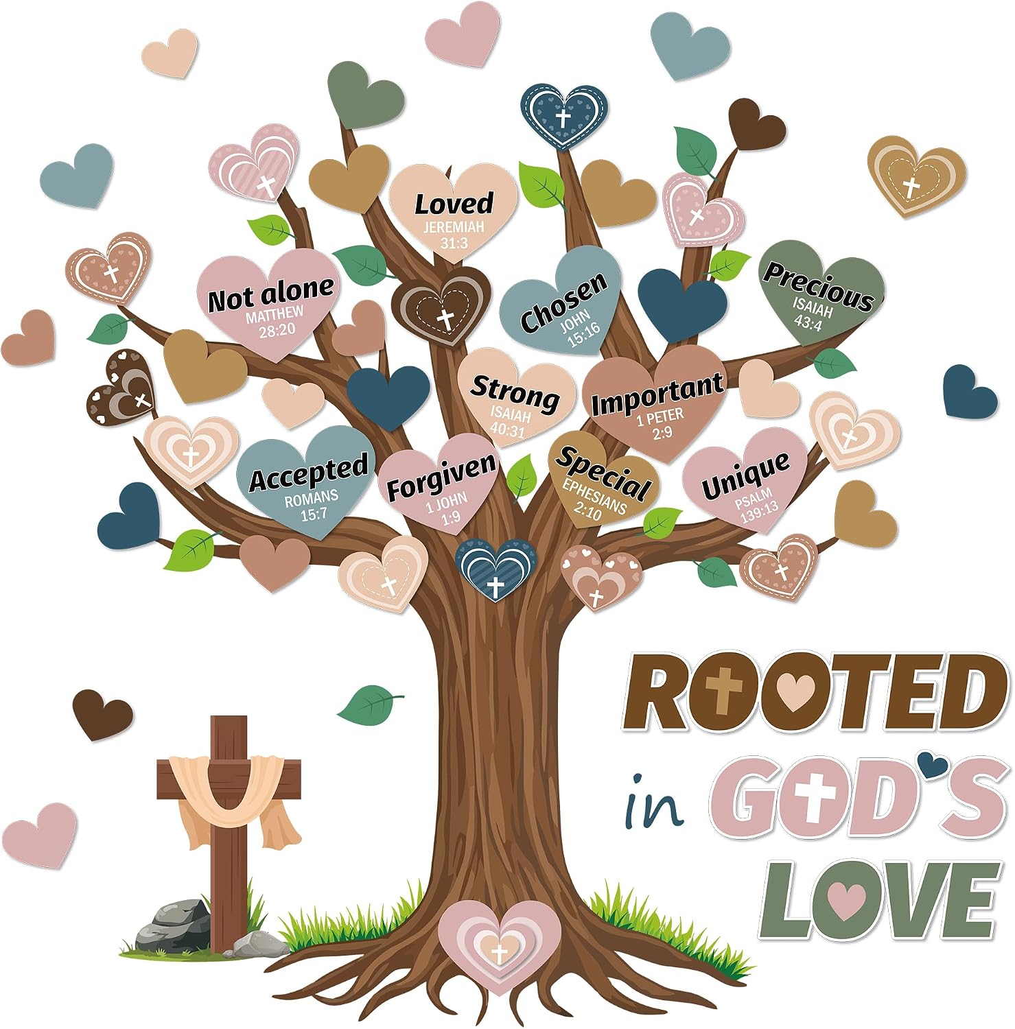 PIZARRA DE BOLETÍN ÁRBOL RAÍCES EN EL AMOR DE DIOS CON CORAZONES BOHO PARA AULA - 1