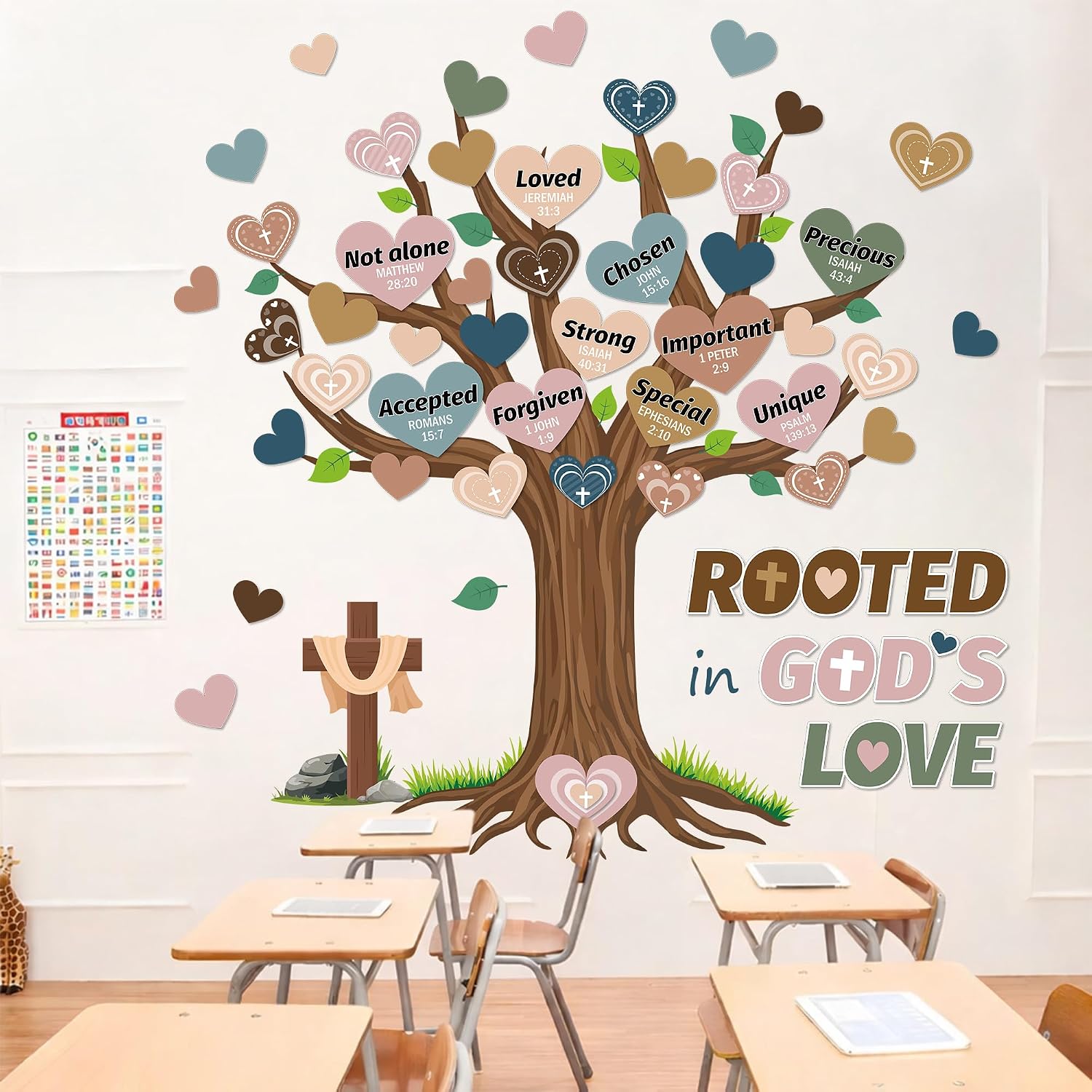 PIZARRA DE BOLETÍN ÁRBOL RAÍCES EN EL AMOR DE DIOS CON CORAZONES BOHO PARA AULA - 4