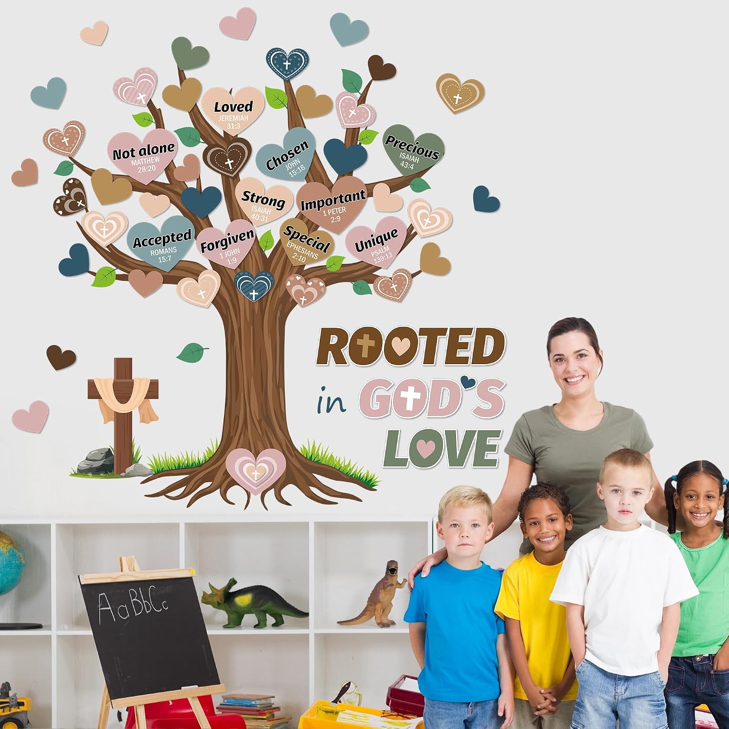 PIZARRA DE BOLETÍN ÁRBOL RAÍCES EN EL AMOR DE DIOS CON CORAZONES BOHO PARA AULA - 5