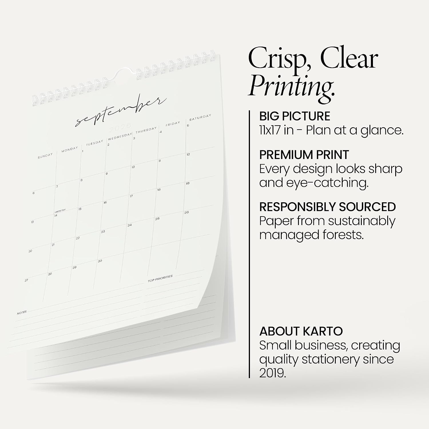 CALENDARIO DE PARED KARTO 2026-2027 11X17 PULGADAS BEIGE CURSIVA - 3