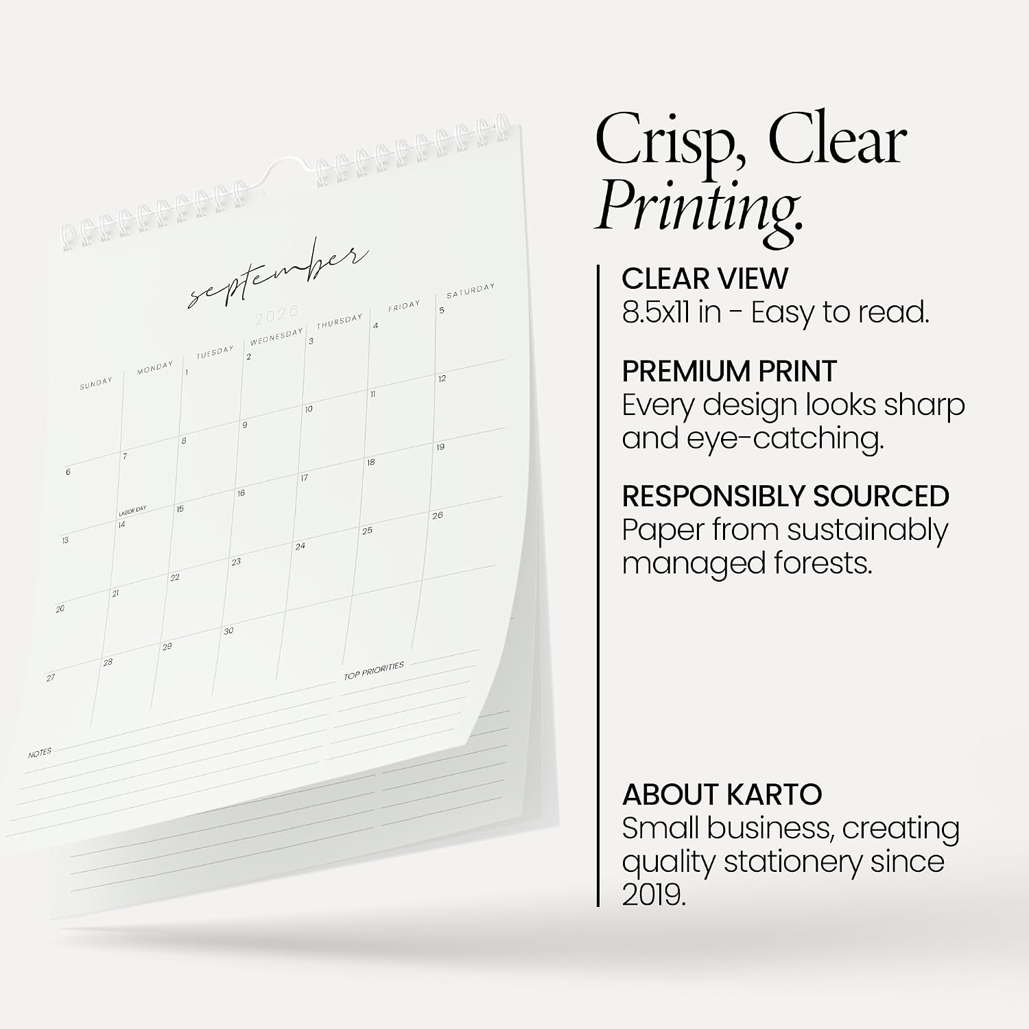 CALENDARIO DE PARED KARTO 2026-2027 8.5X11 PULGADAS BEIGE CURSIVA - 3