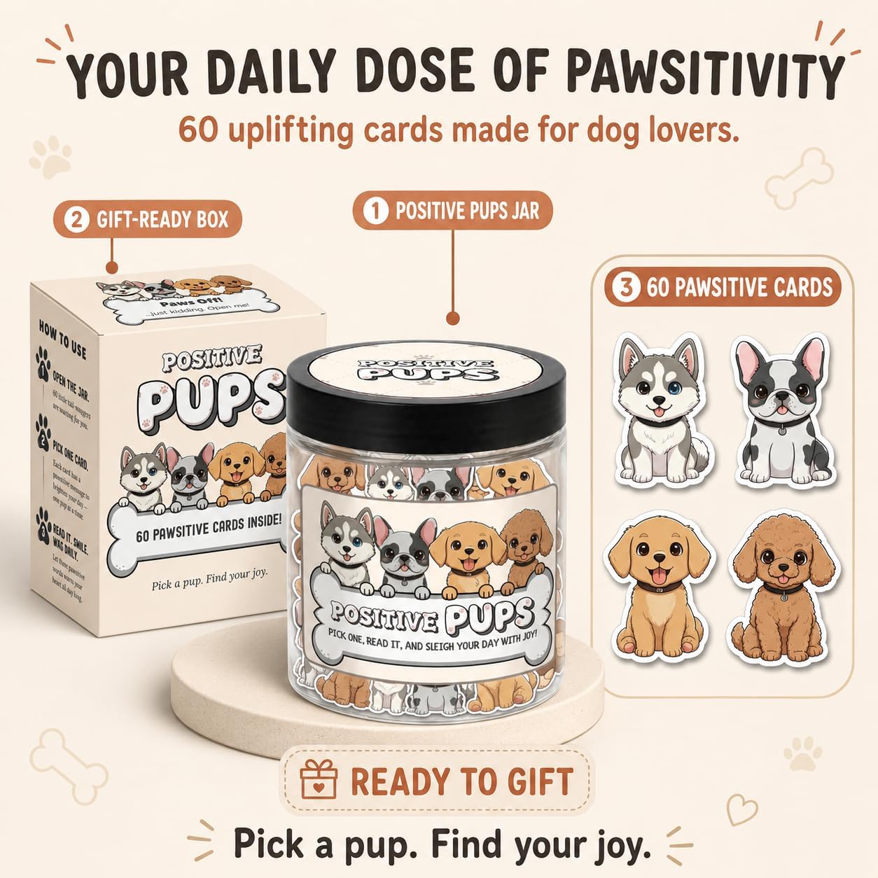 BOTELLA DECORATIVA DEARMINE POSITIVE PUPS JAR CON 60 TARJETAS DE AFIRMACIÓN - 5