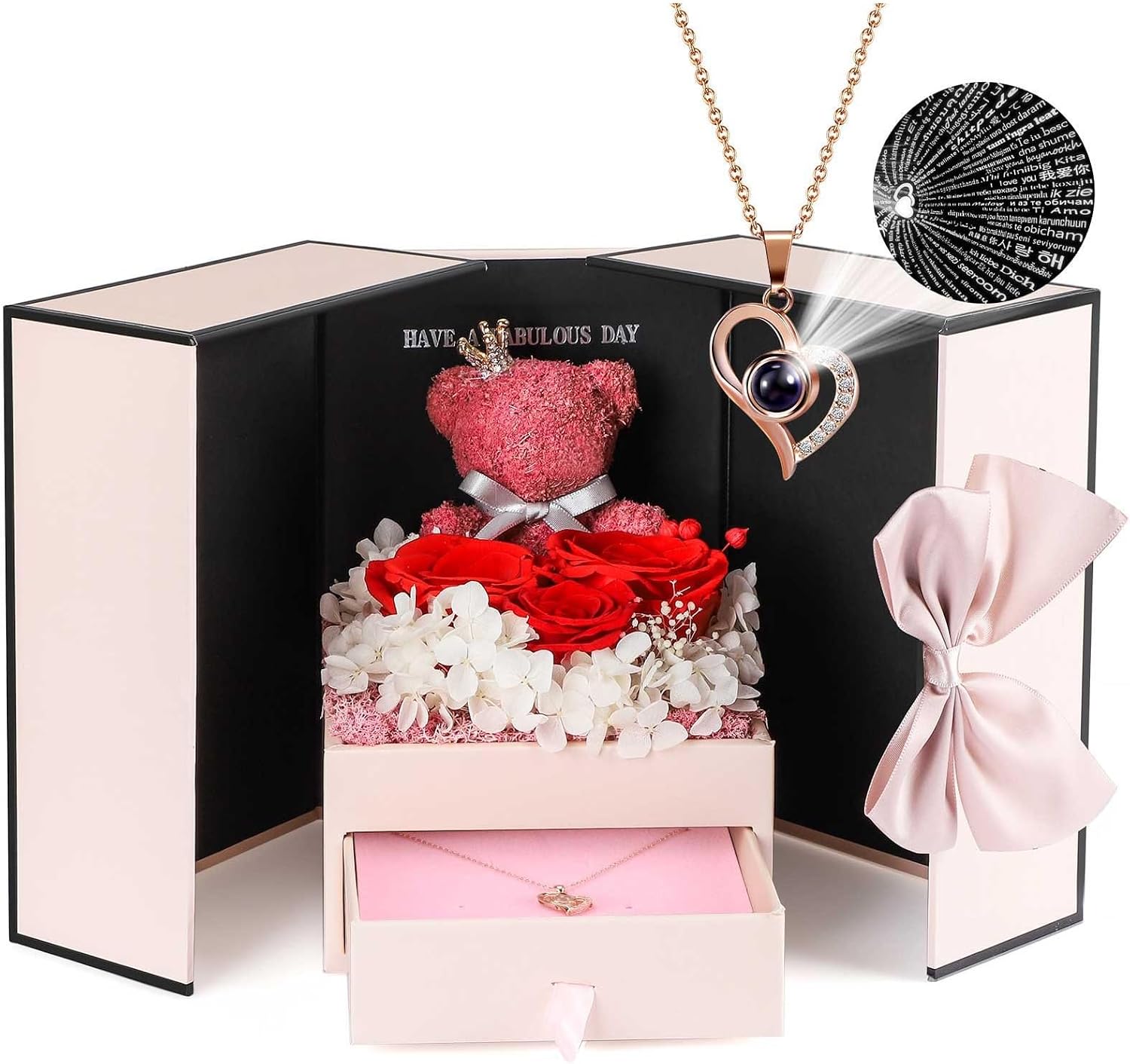 CAJA DE REGALO CON ROSA PRESERVADA ADDWEL Y COLLAR I LOVE YOU EN 100 IDIOMAS - 1