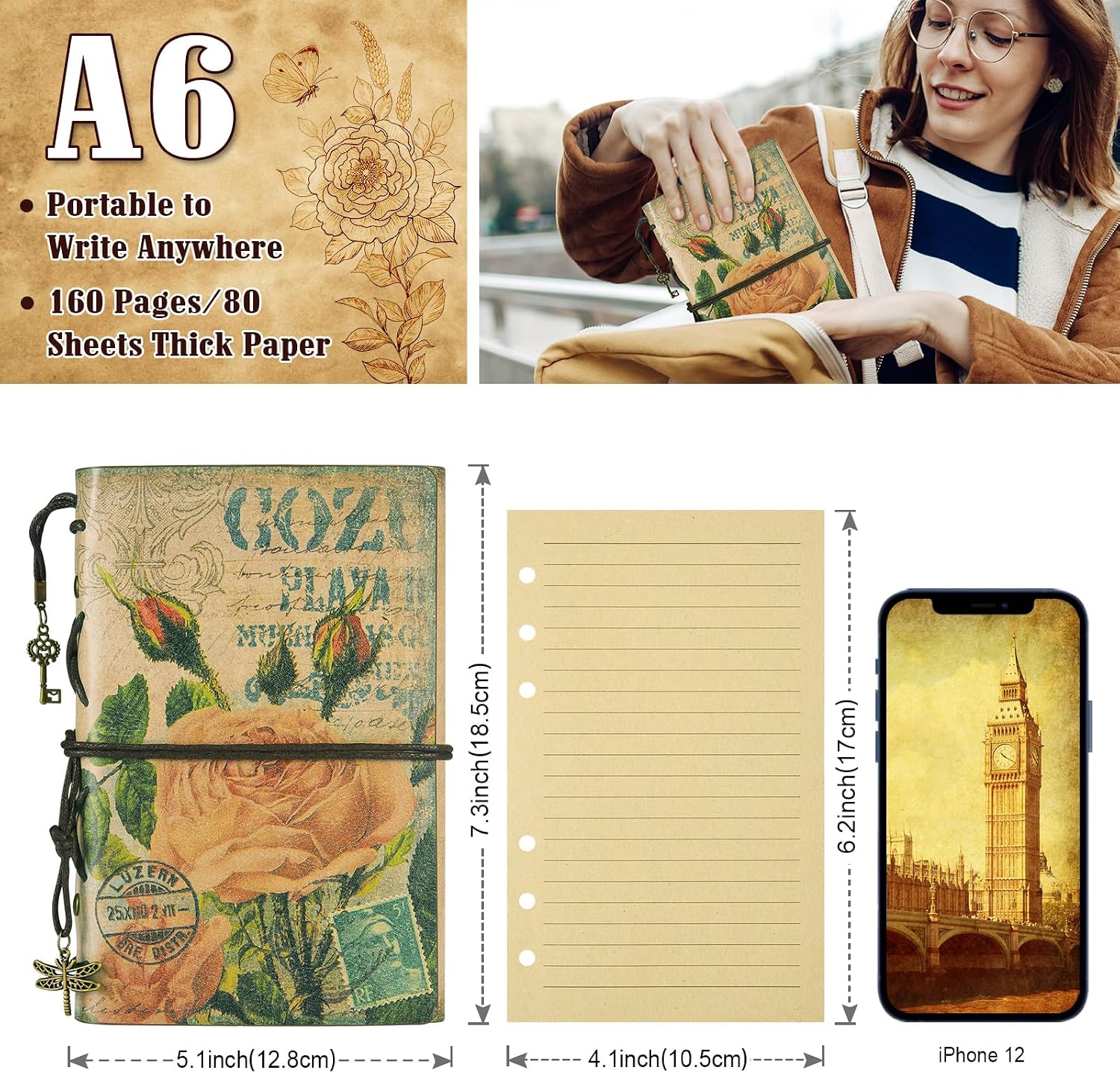 CUADERNO REFILLABLE MALEDEN VINTAGE TRAVEL DIARY TAPA DURA SET 7 PIEZAS - 2