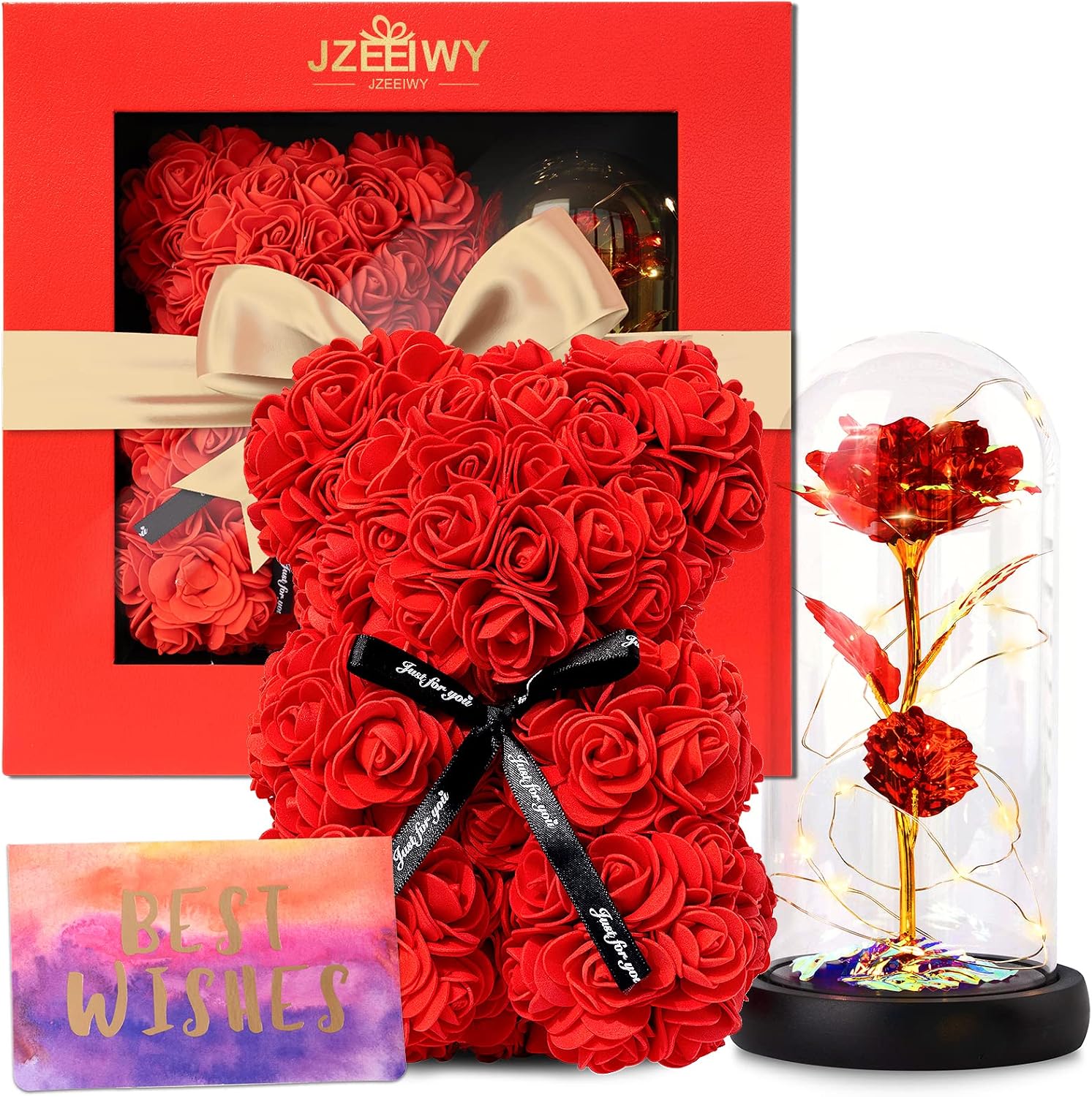 ROSA DE CRISTAL CON LUZ LED Y OSITO DE ROSAS PARA REGALO ROMÁNTICO - 1