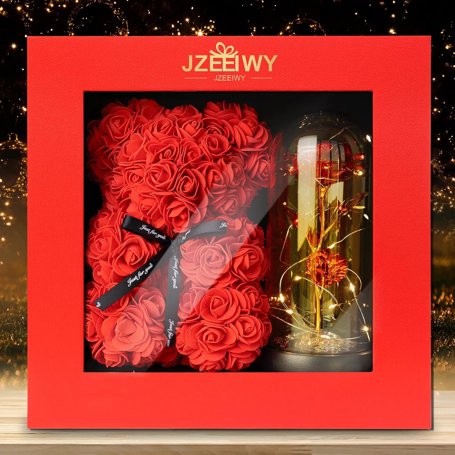 ROSA DE CRISTAL CON LUZ LED Y OSITO DE ROSAS PARA REGALO ROMÁNTICO - 2