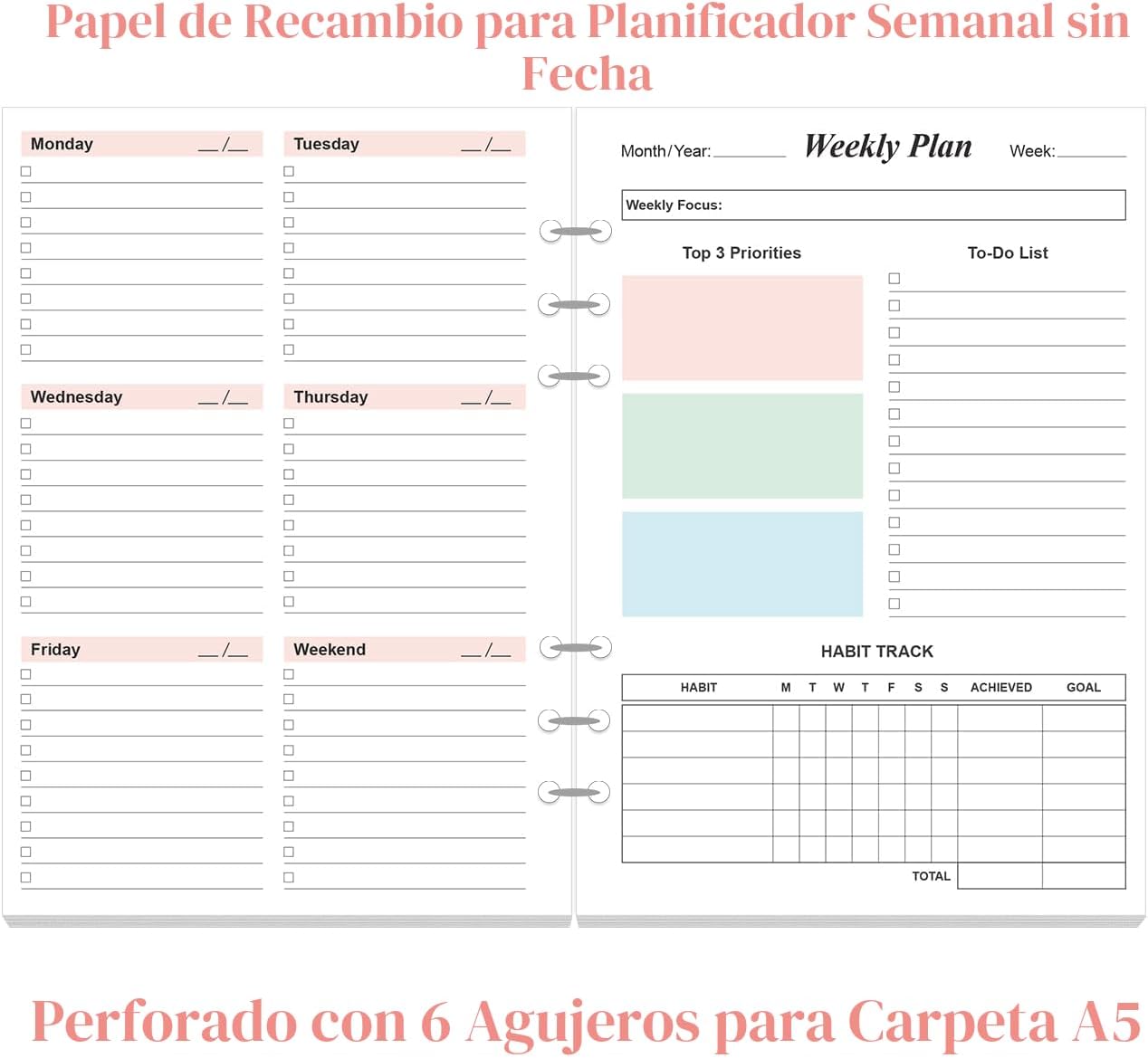 RECAMBIO DE PLANNER SEMANAL YARIDAR A5 6 AGUJEROS 2 PAQUETES 212 PÁGINAS - 2