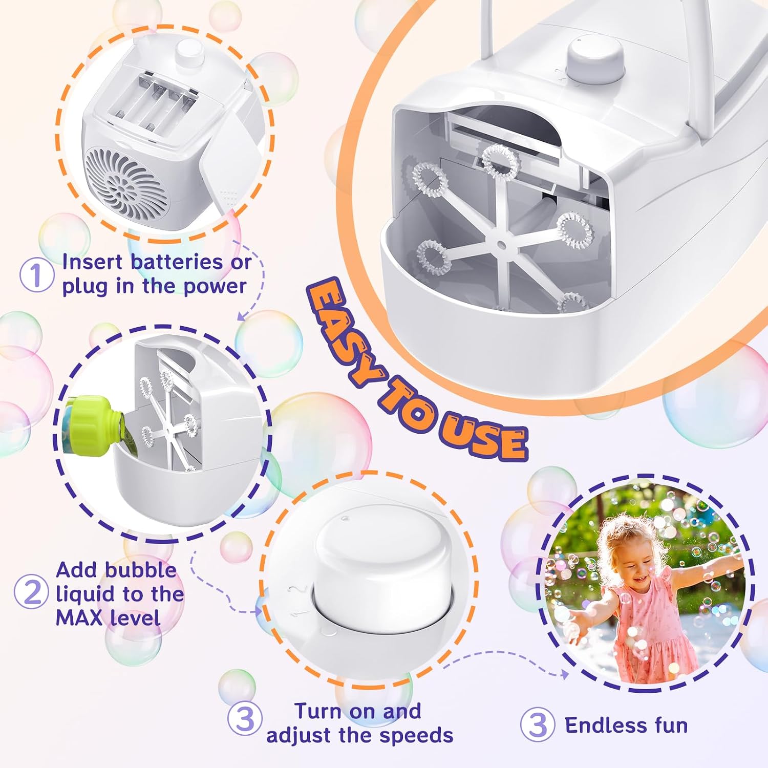 MÁQUINA DE BURBUJAS SIZONJOY PARA NIÑOS Y MASCOTAS BLANCA - 4