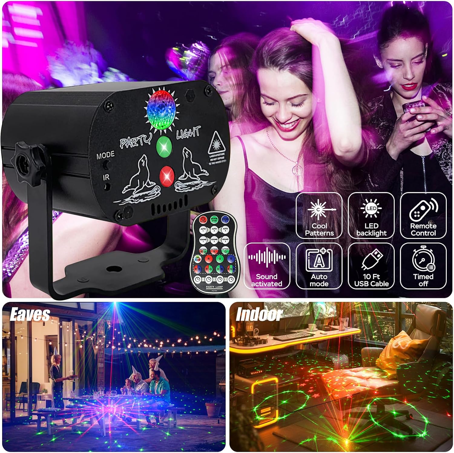 LUZ DE ESCENA USB R60 60 PATRONES 240 COMBINACIONES RGB CONTROL REMOTO NEGRO MATE - 2