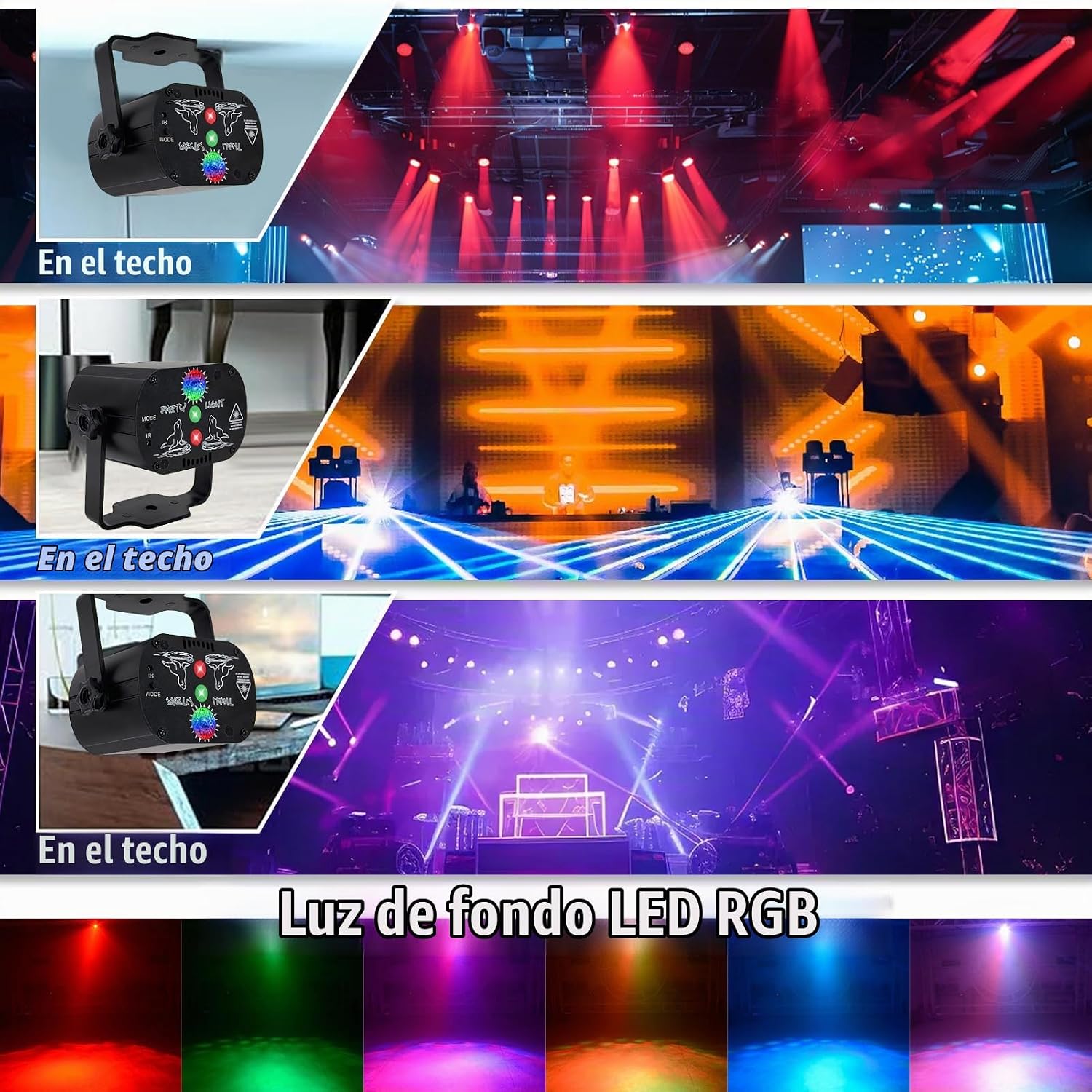 LUZ DE ESCENA USB R60 60 PATRONES 240 COMBINACIONES RGB CONTROL REMOTO NEGRO MATE - 3