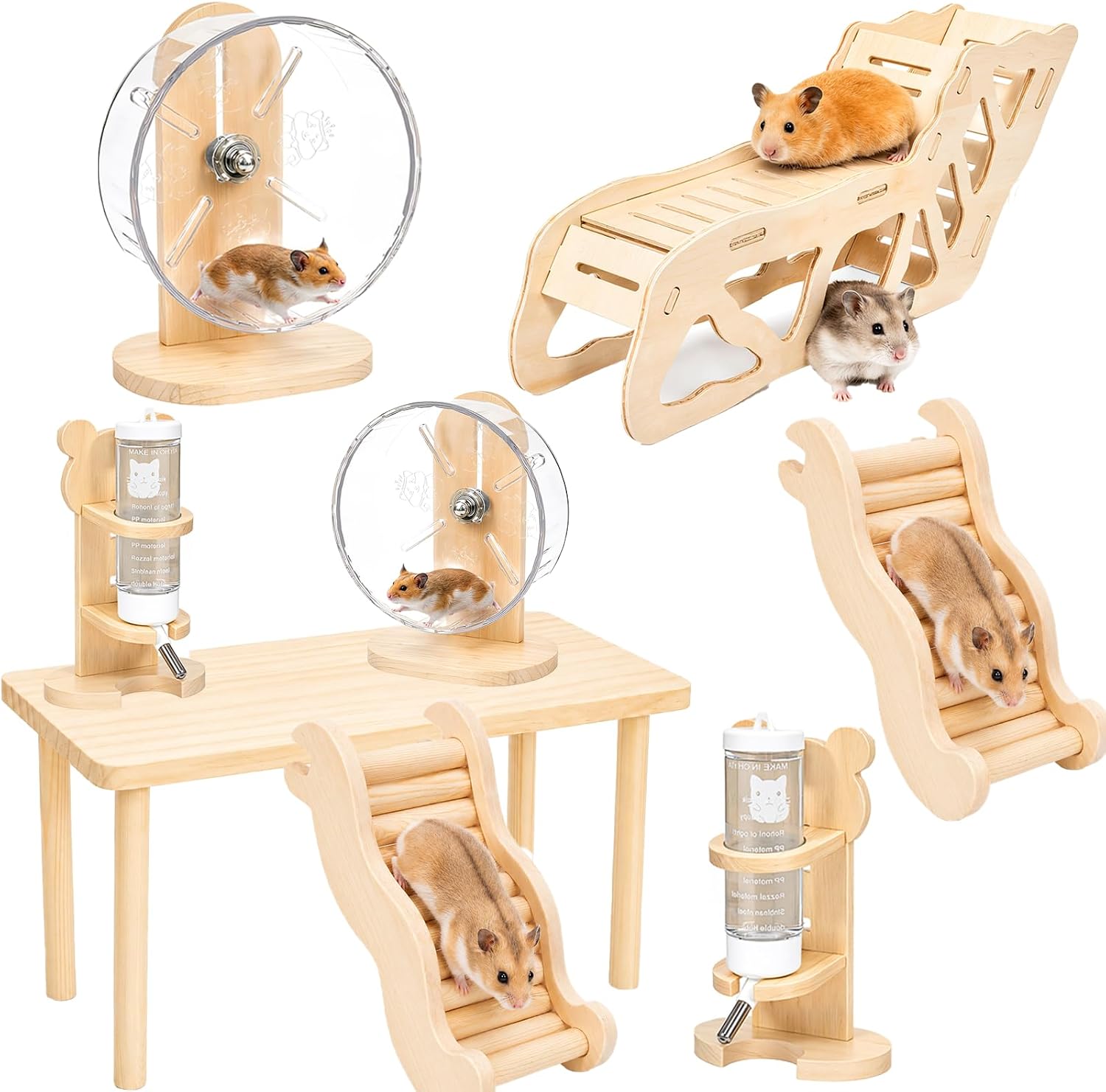 SET DE ACCESORIOS PARA JAULA DE HÁMSTER NOVABRIGHT 5 PIEZAS CON RUEDA Y ESCALERA DE MADERA - 1