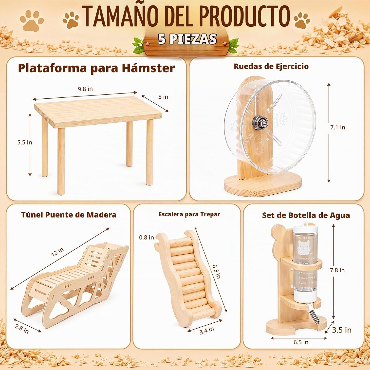 SET DE ACCESORIOS PARA JAULA DE HÁMSTER NOVABRIGHT 5 PIEZAS CON RUEDA Y ESCALERA DE MADERA - 2