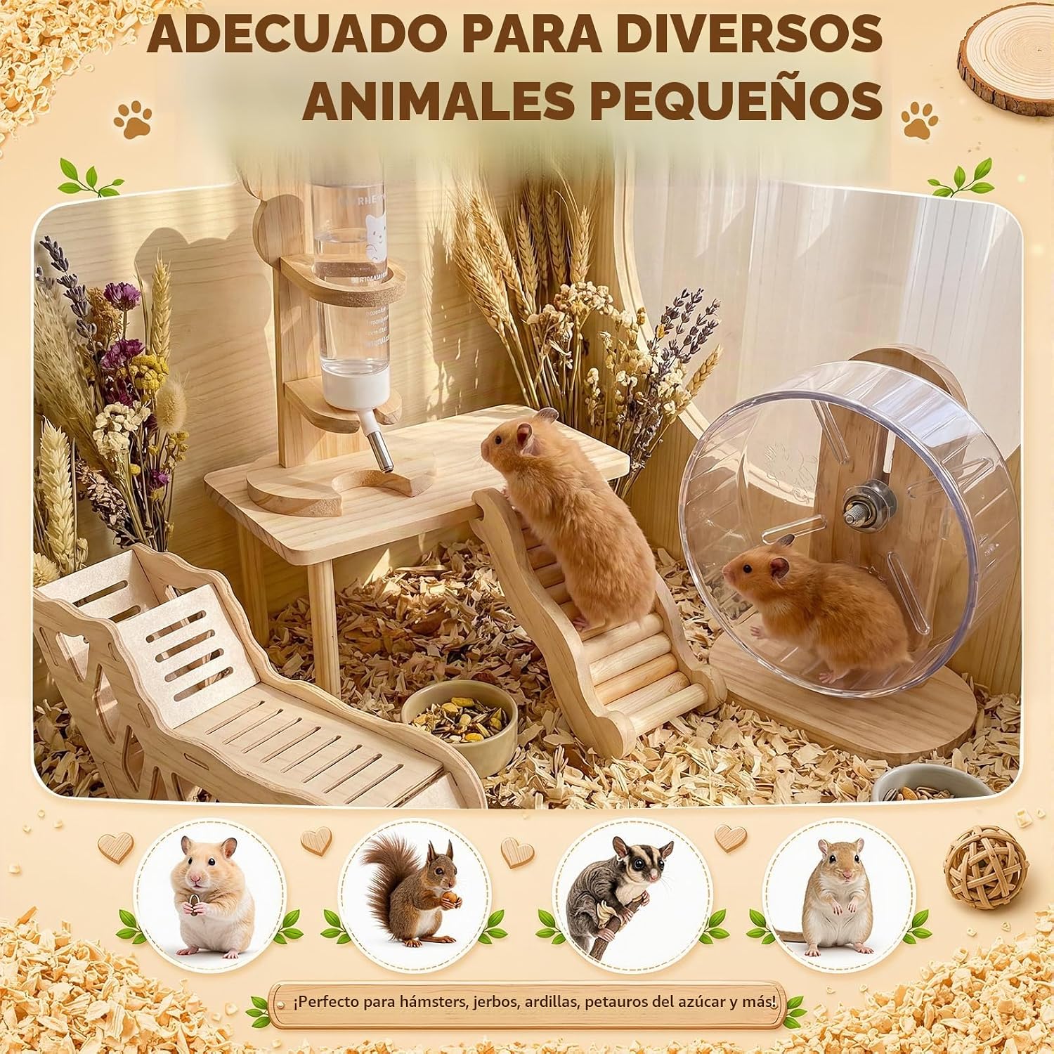 SET DE ACCESORIOS PARA JAULA DE HÁMSTER NOVABRIGHT 5 PIEZAS CON RUEDA Y ESCALERA DE MADERA - 4