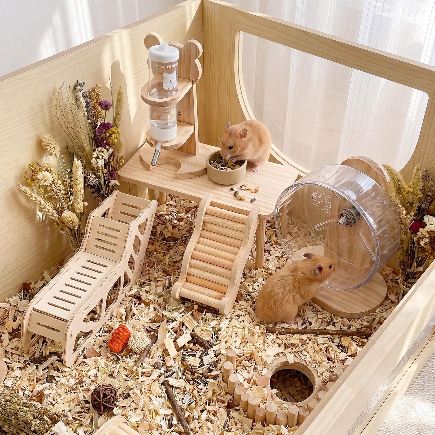 SET DE ACCESORIOS PARA JAULA DE HÁMSTER NOVABRIGHT 5 PIEZAS CON RUEDA Y ESCALERA DE MADERA - 5